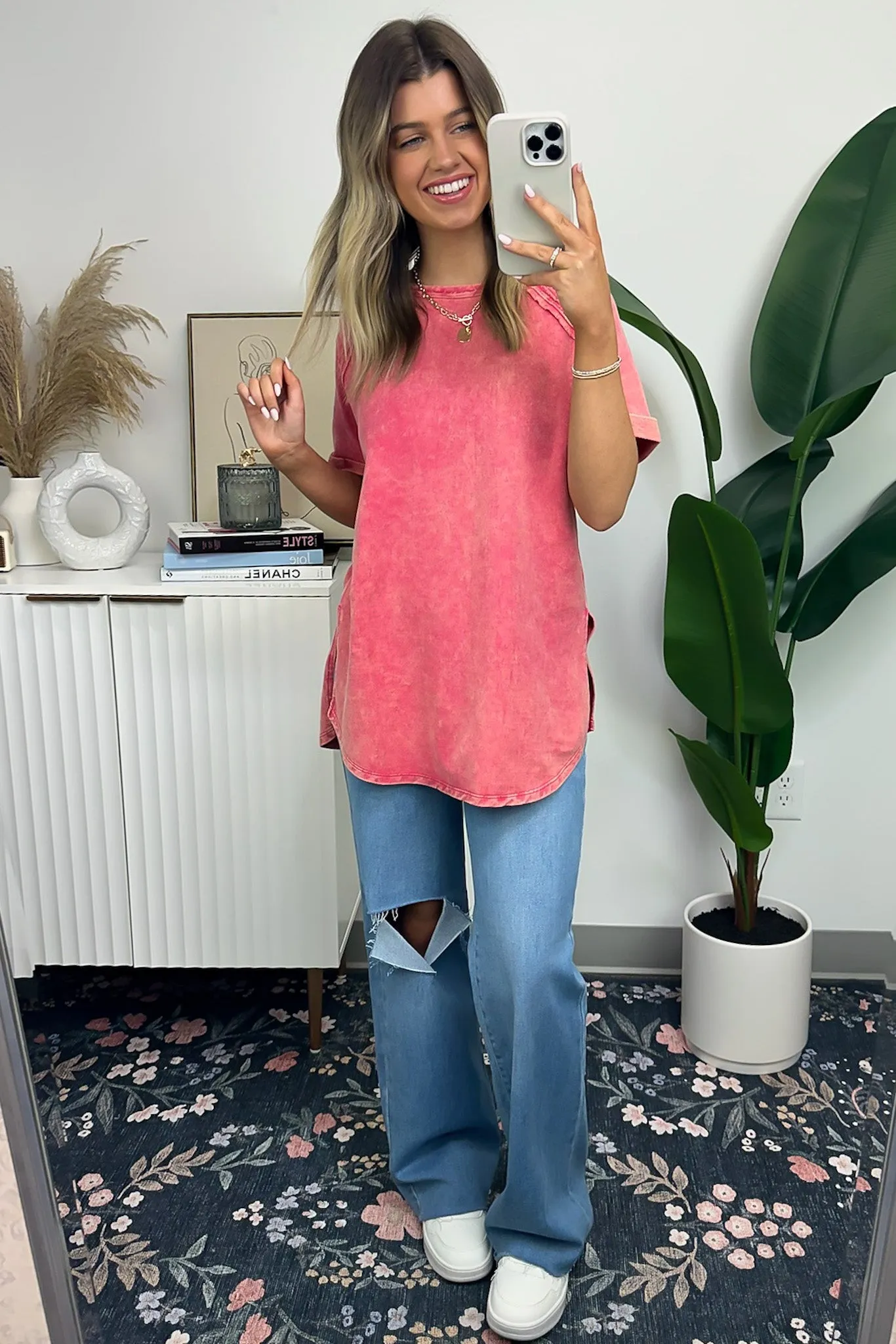 Ashlie Acid Wash Rolled Sleeve Top - BACK IN STOCK