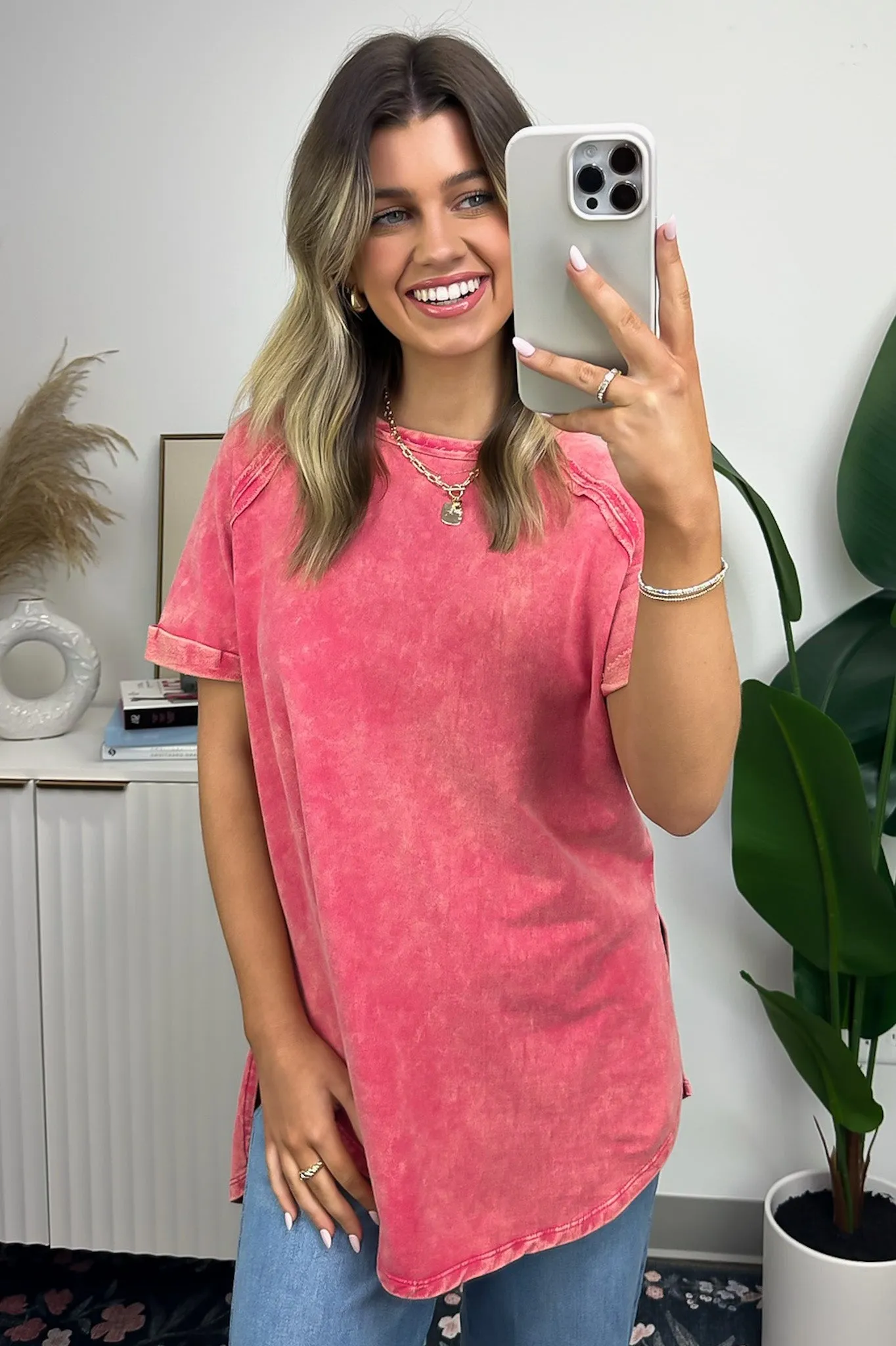 Ashlie Acid Wash Rolled Sleeve Top - BACK IN STOCK