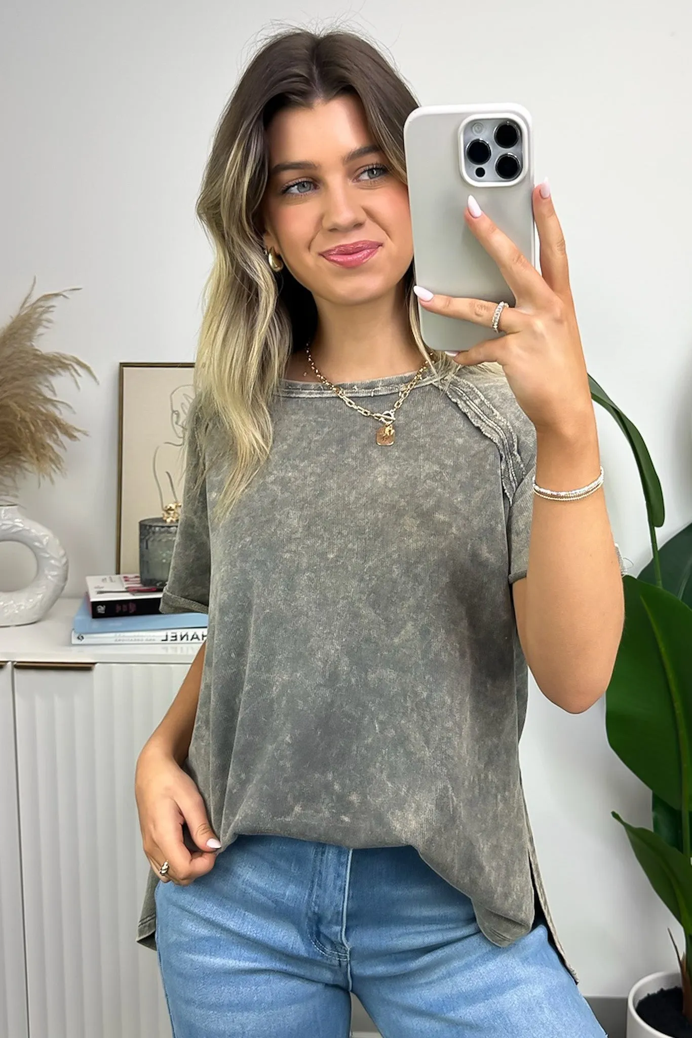 Ashlie Acid Wash Rolled Sleeve Top - BACK IN STOCK