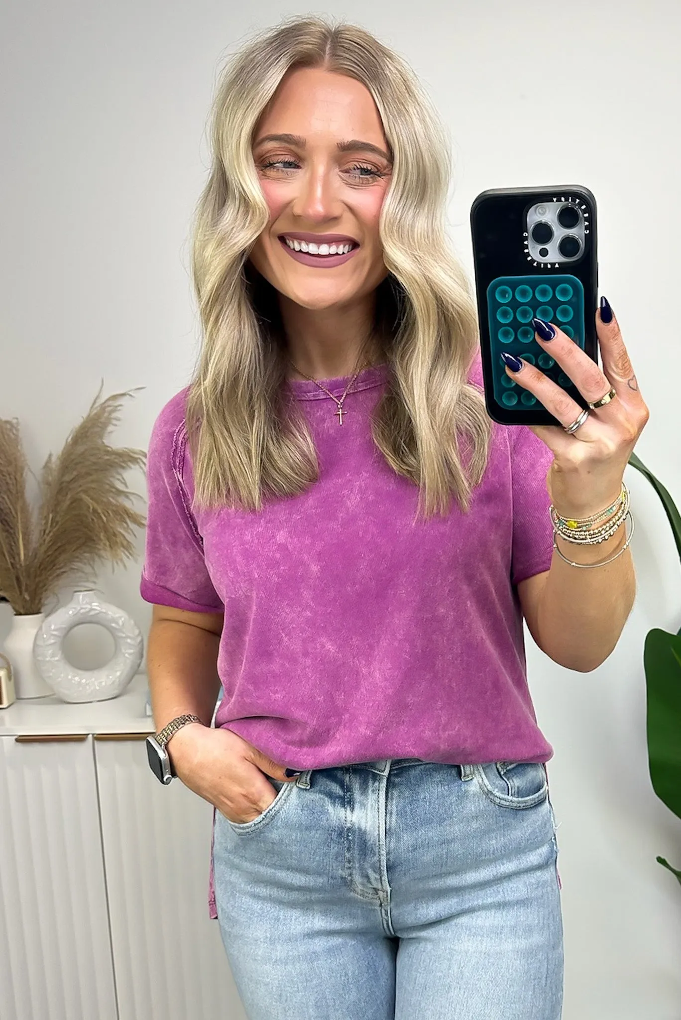 Ashlie Acid Wash Rolled Sleeve Top - BACK IN STOCK