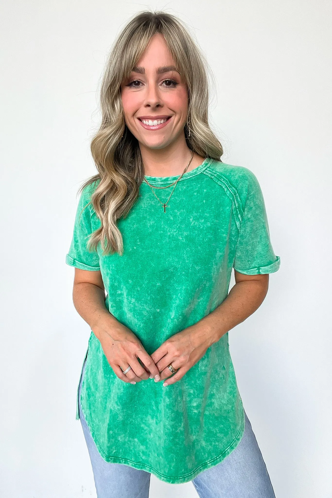 Ashlie Acid Wash Rolled Sleeve Top - BACK IN STOCK