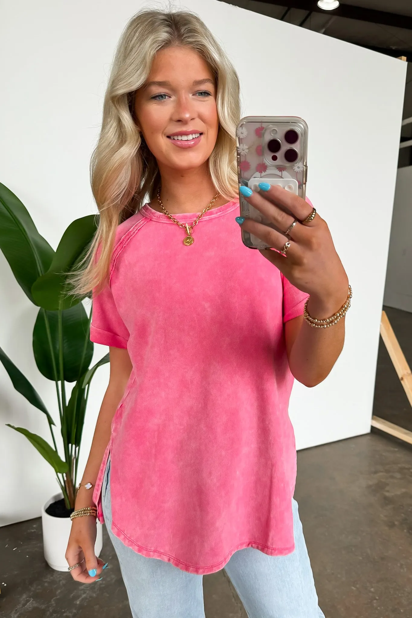 Ashlie Acid Wash Rolled Sleeve Top - BACK IN STOCK