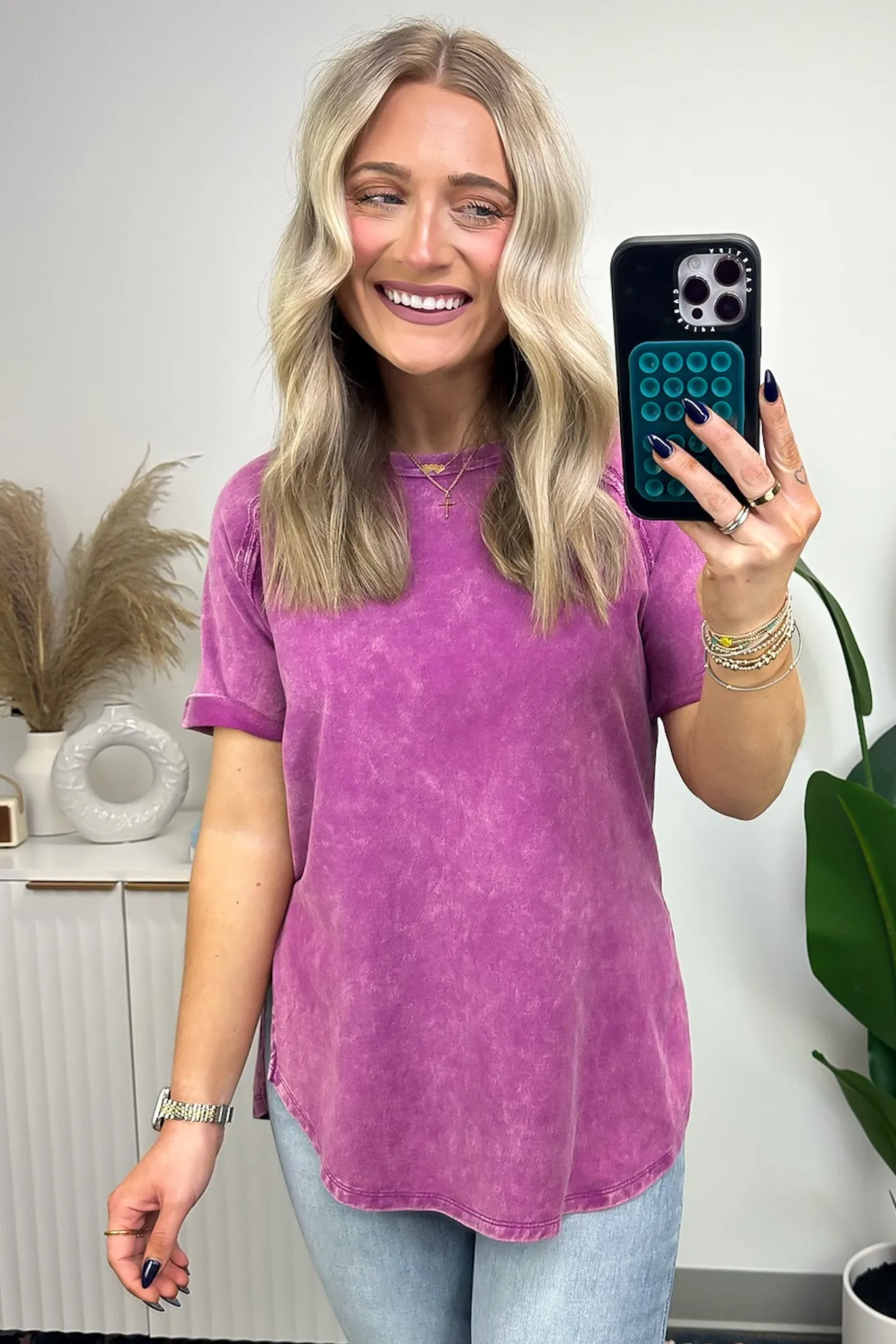 Ashlie Acid Wash Rolled Sleeve Top - BACK IN STOCK