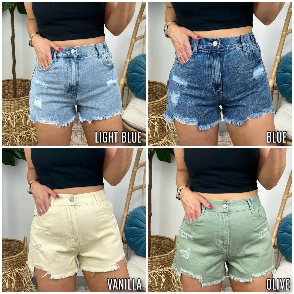 Ayzel Denim Distressed Elastic Waist Shorts - FINAL SALE
