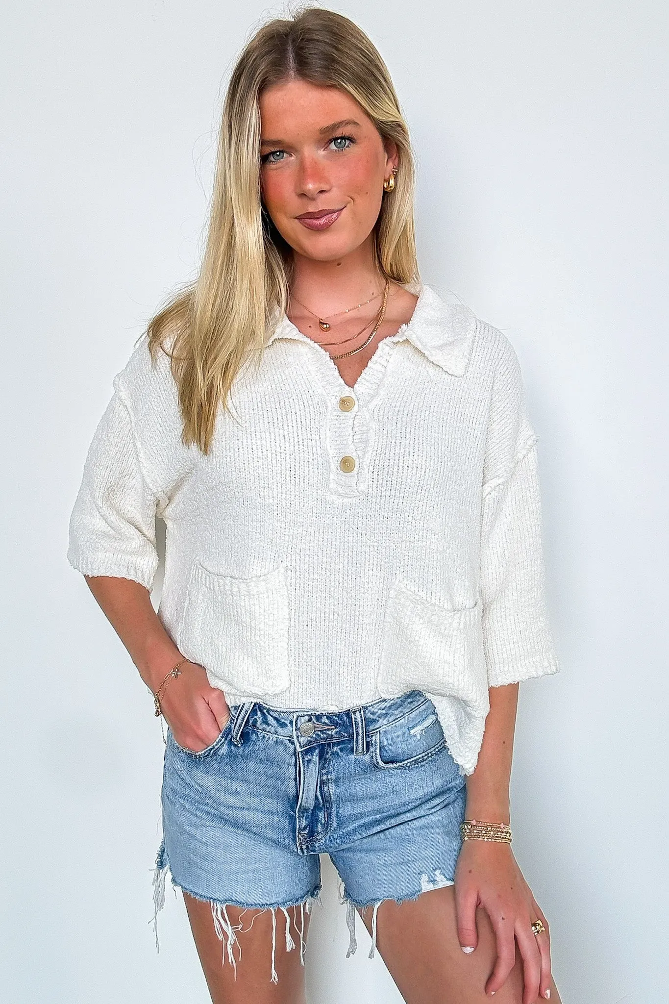 Best Escape Textured Knit Button Detail V-Neck Top