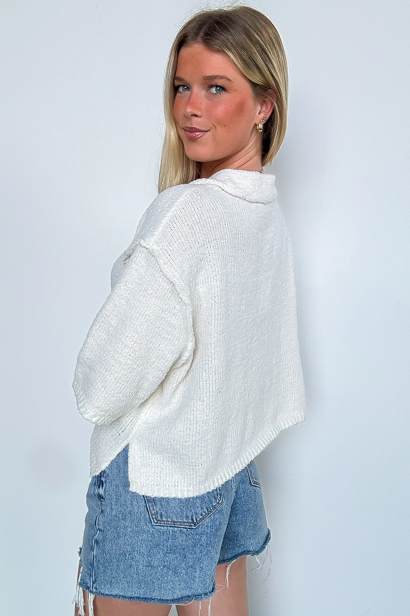 Best Escape Textured Knit Button Detail V-Neck Top