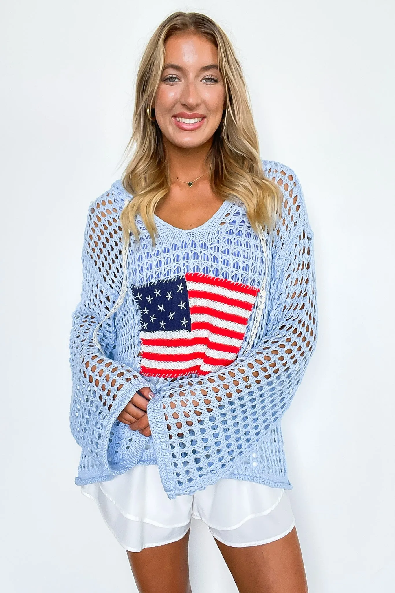 Born to Be Free American Flag Knit Hooded Sweater