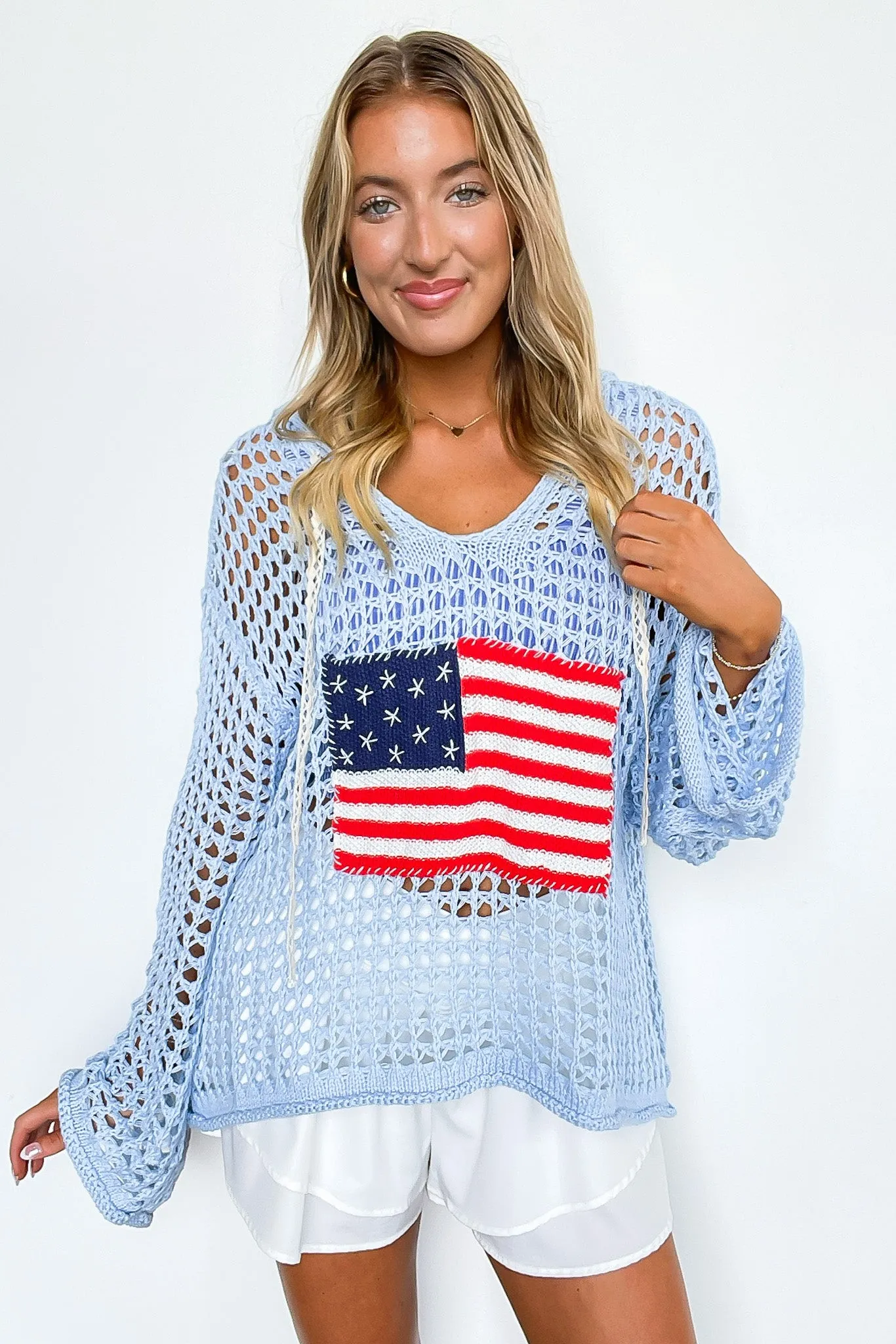 Born to Be Free American Flag Knit Hooded Sweater