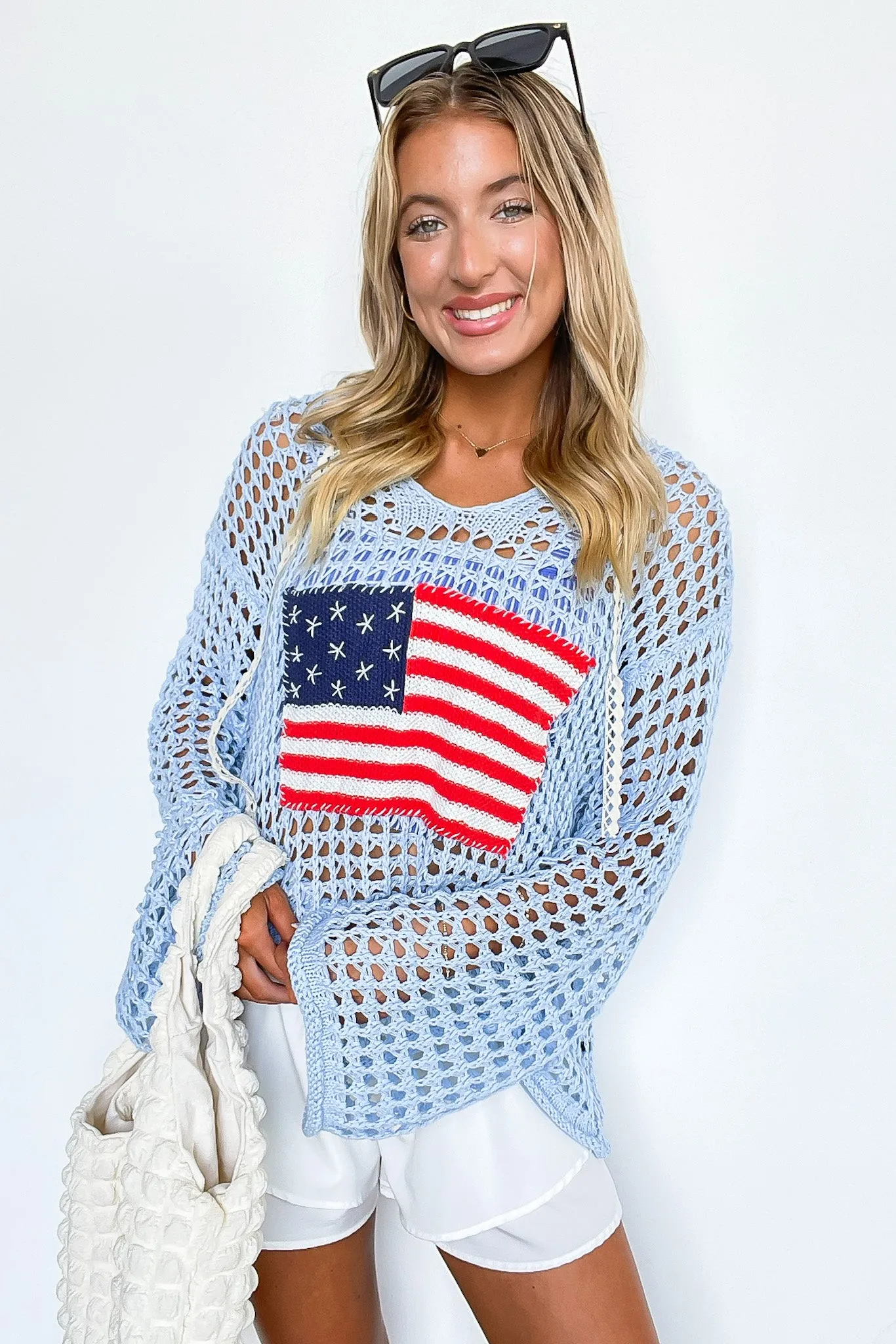 Born to Be Free American Flag Knit Hooded Sweater