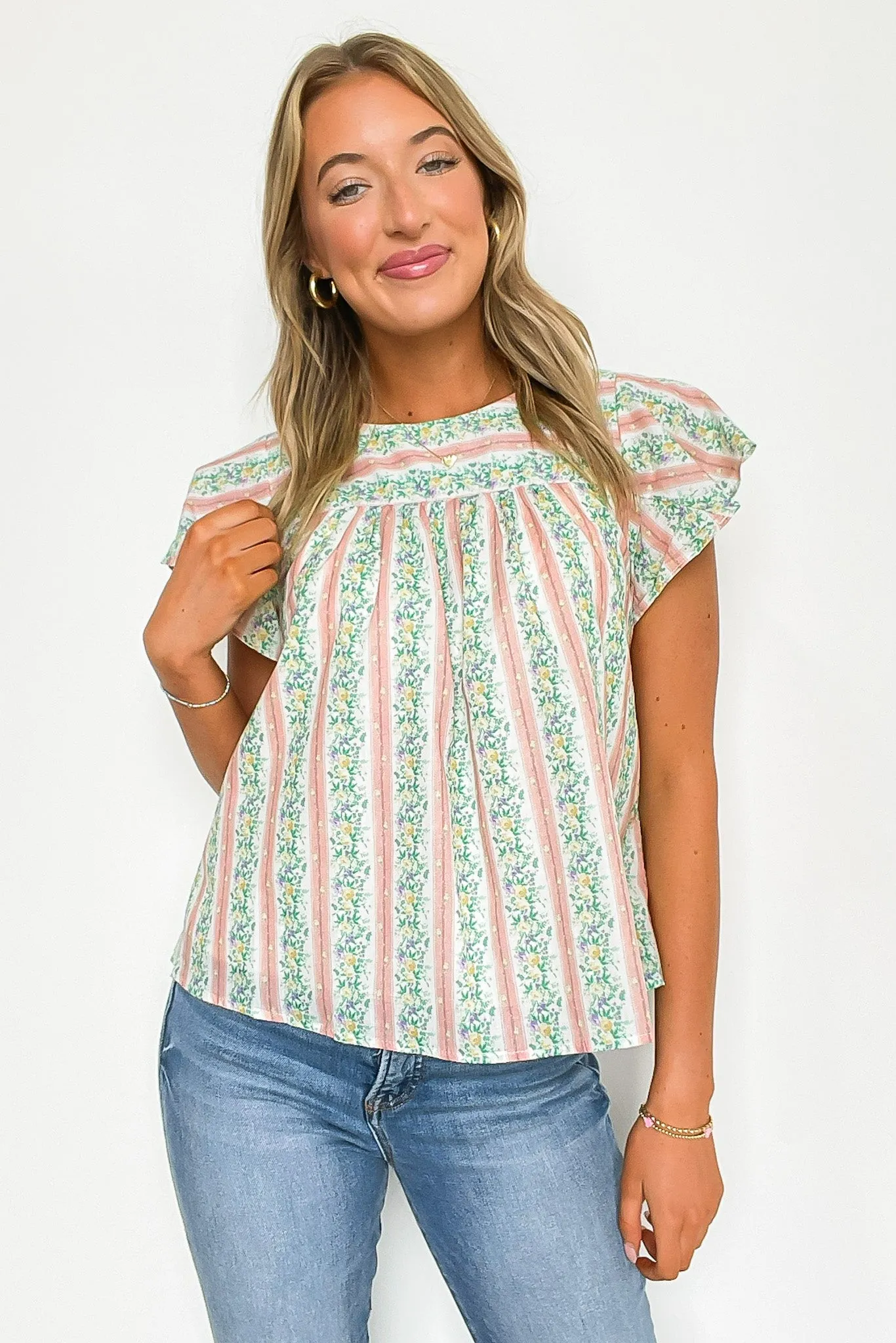 Briena Floral Striped Round Neck Ruffle Sleeves Top