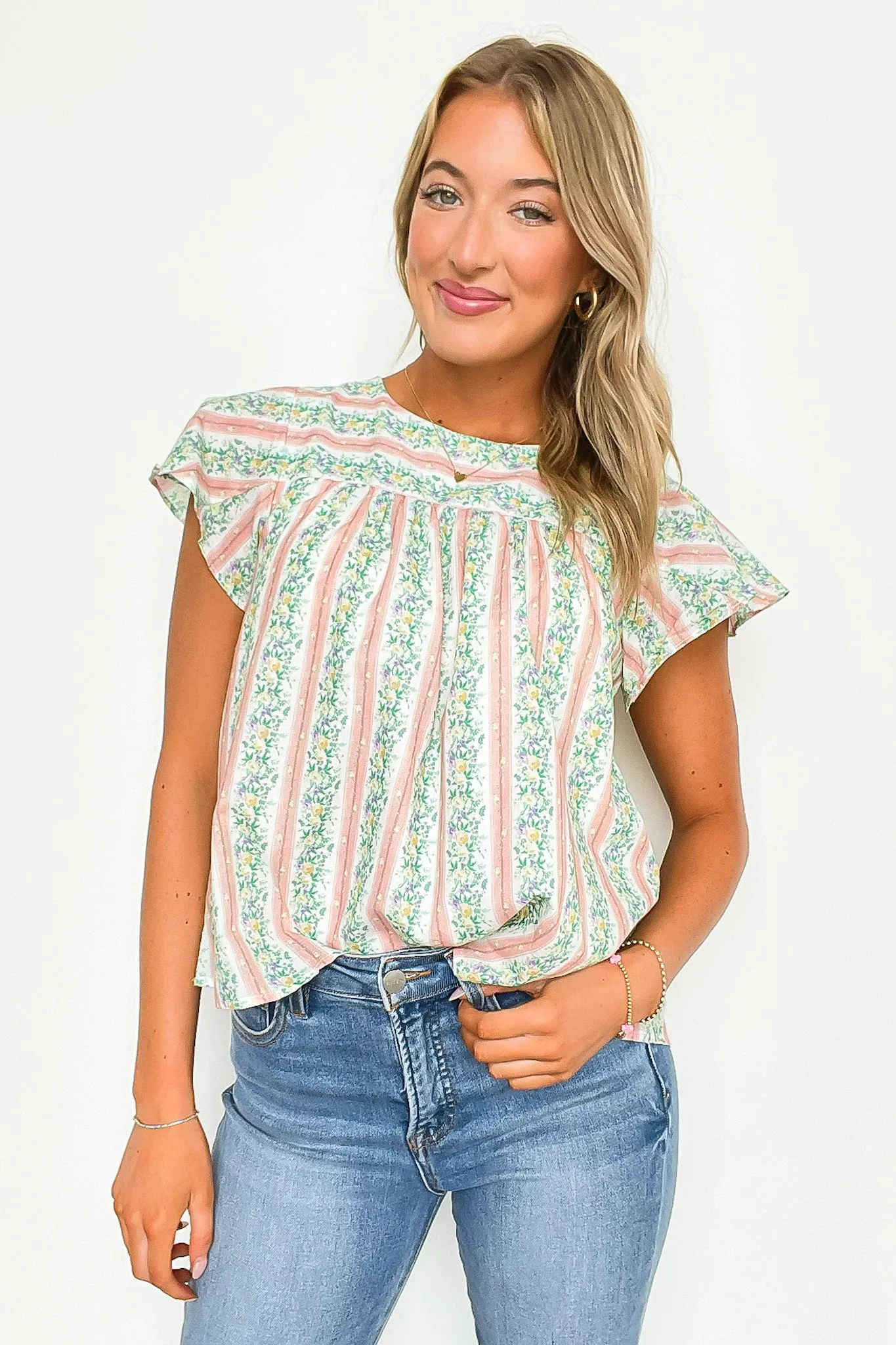 Briena Floral Striped Round Neck Ruffle Sleeves Top