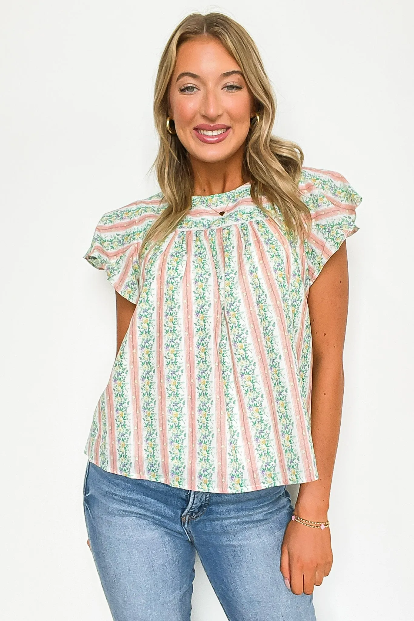 Briena Floral Striped Round Neck Ruffle Sleeves Top