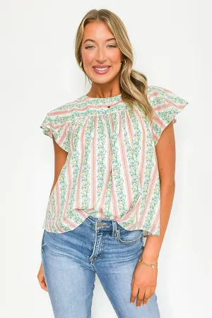 Briena Floral Striped Round Neck Ruffle Sleeves Top