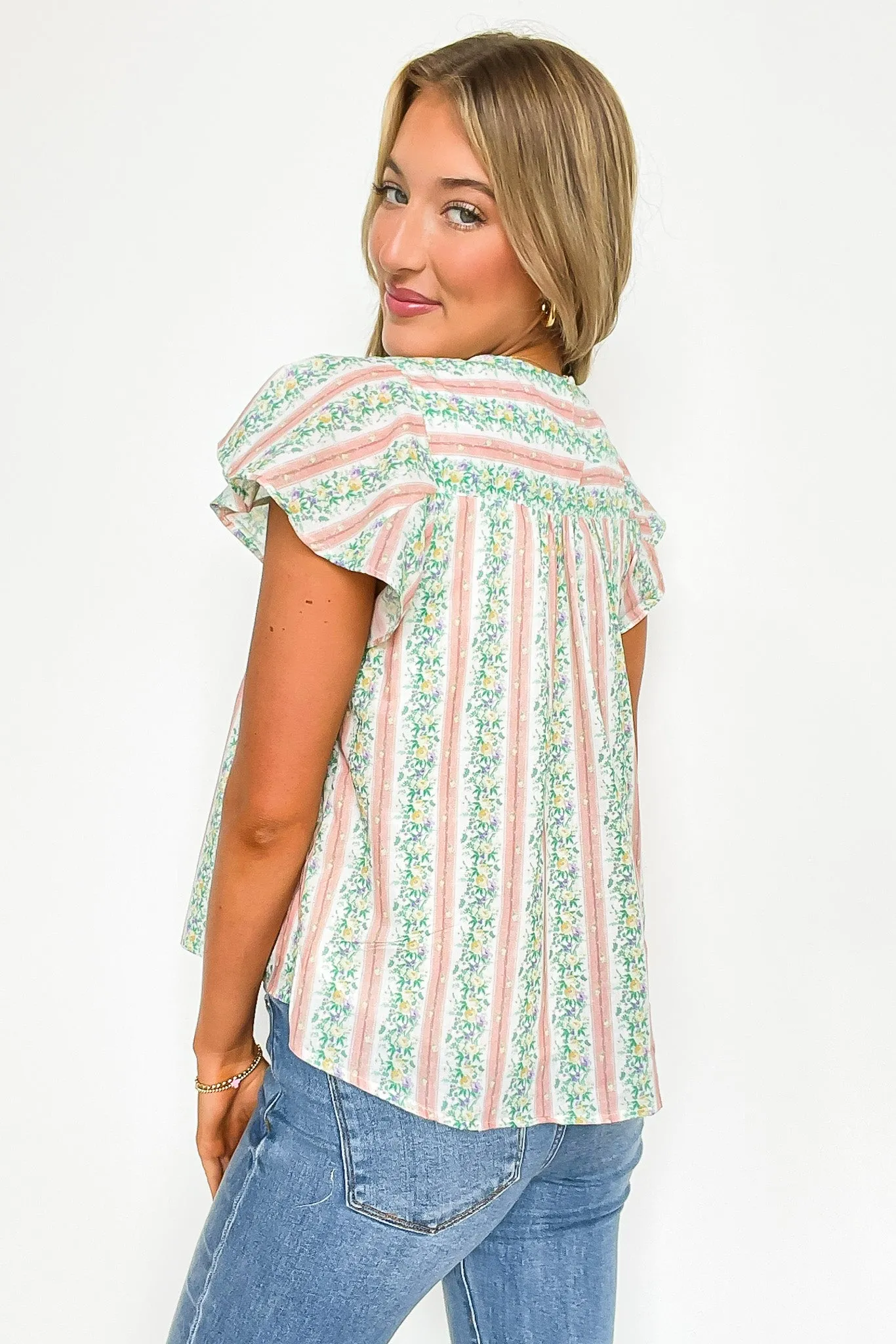 Briena Floral Striped Round Neck Ruffle Sleeves Top