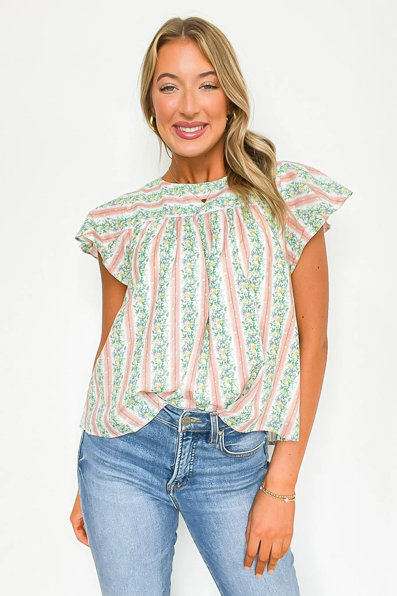 Briena Floral Striped Round Neck Ruffle Sleeves Top
