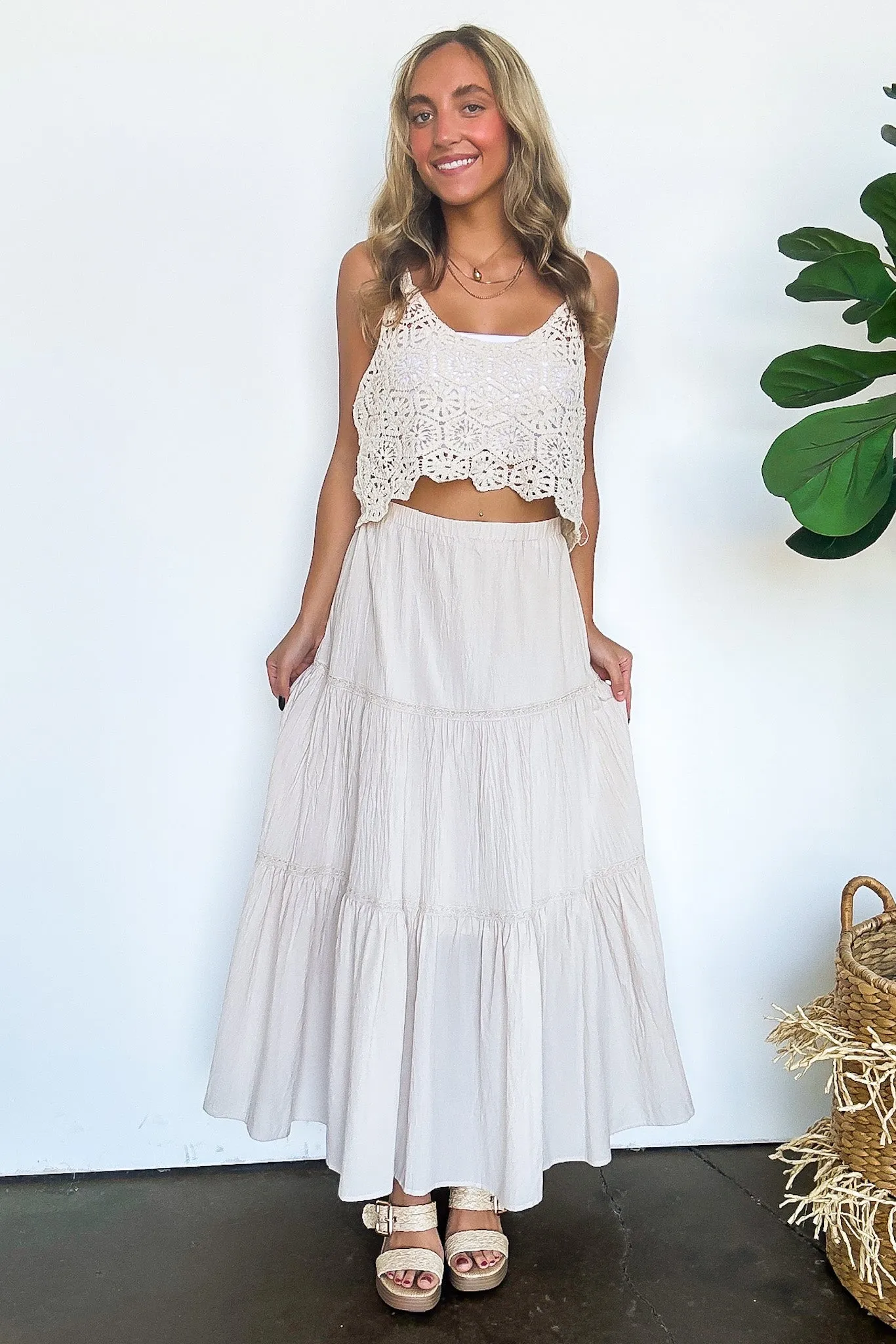 Brooke Crochet Detail Tiered Maxi Skirt