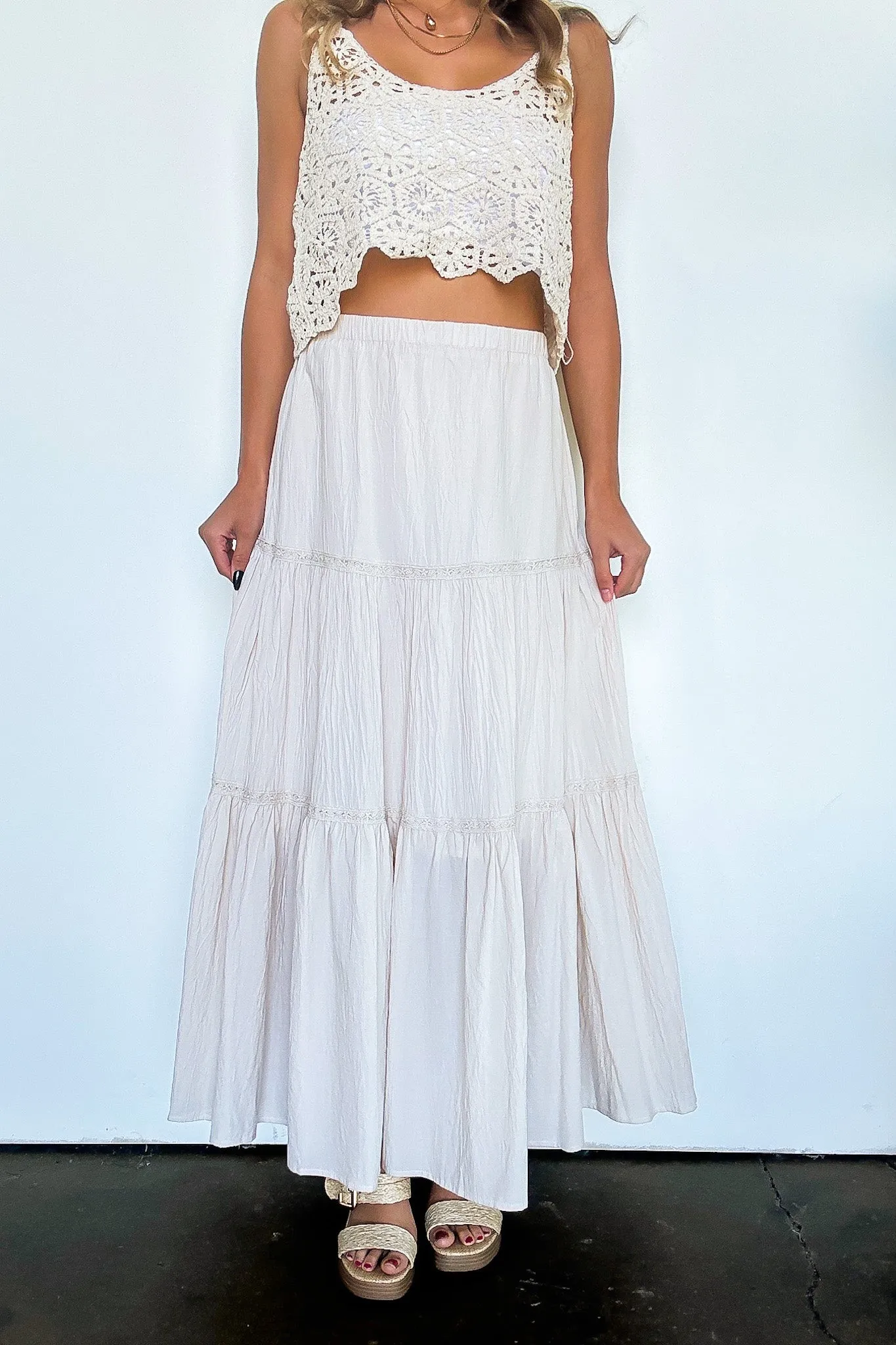 Brooke Crochet Detail Tiered Maxi Skirt