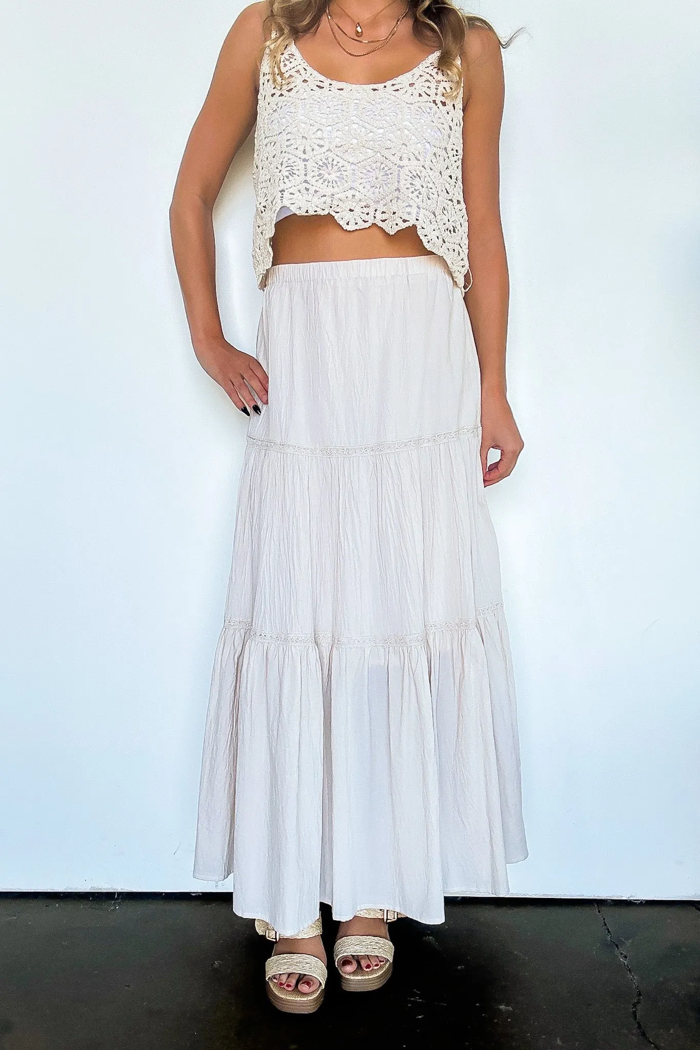 Brooke Crochet Detail Tiered Maxi Skirt