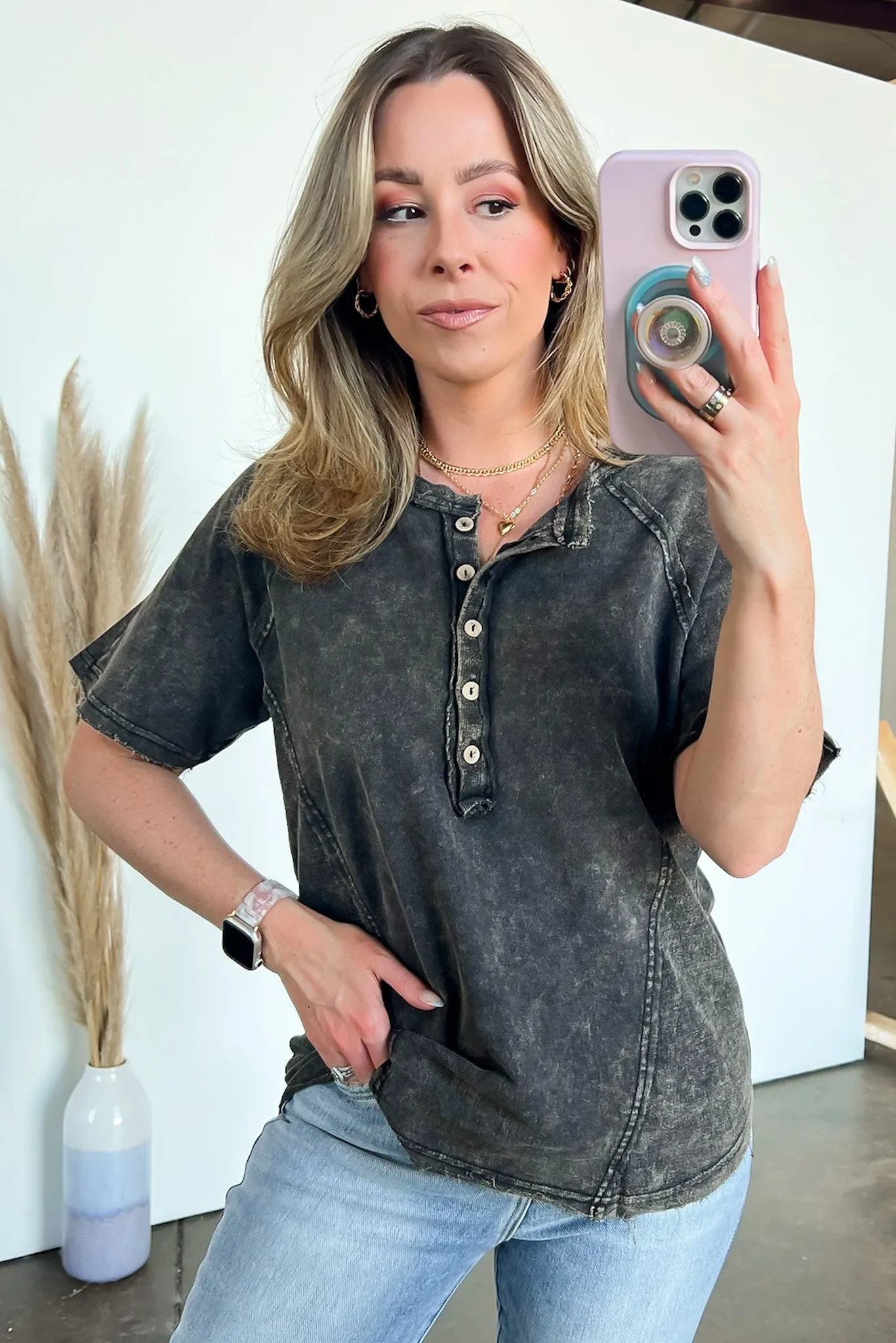 Caleb Acid Wash Raglan Button Henley Top - BACK IN STOCK