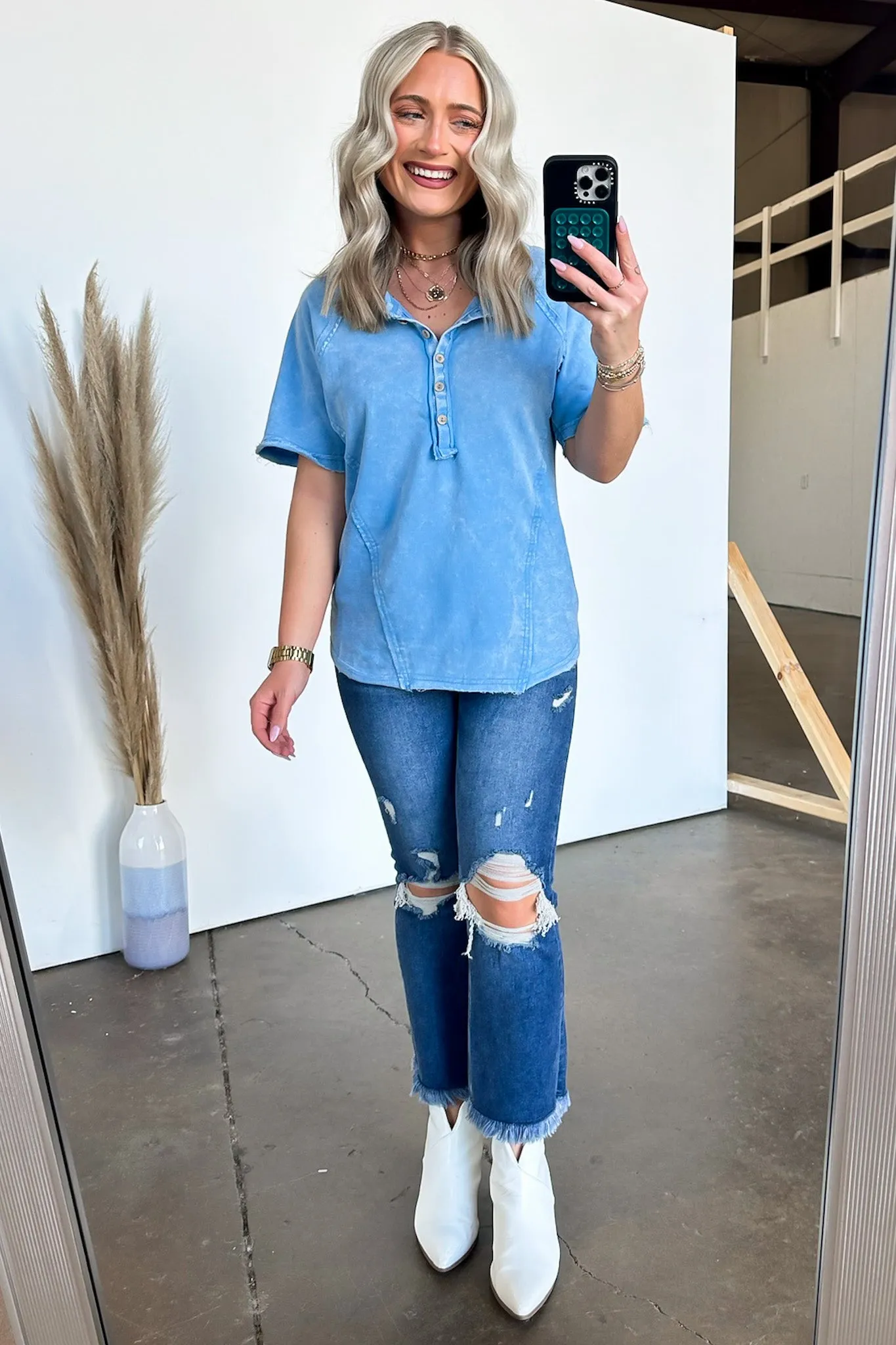 Caleb Acid Wash Raglan Button Henley Top - BACK IN STOCK
