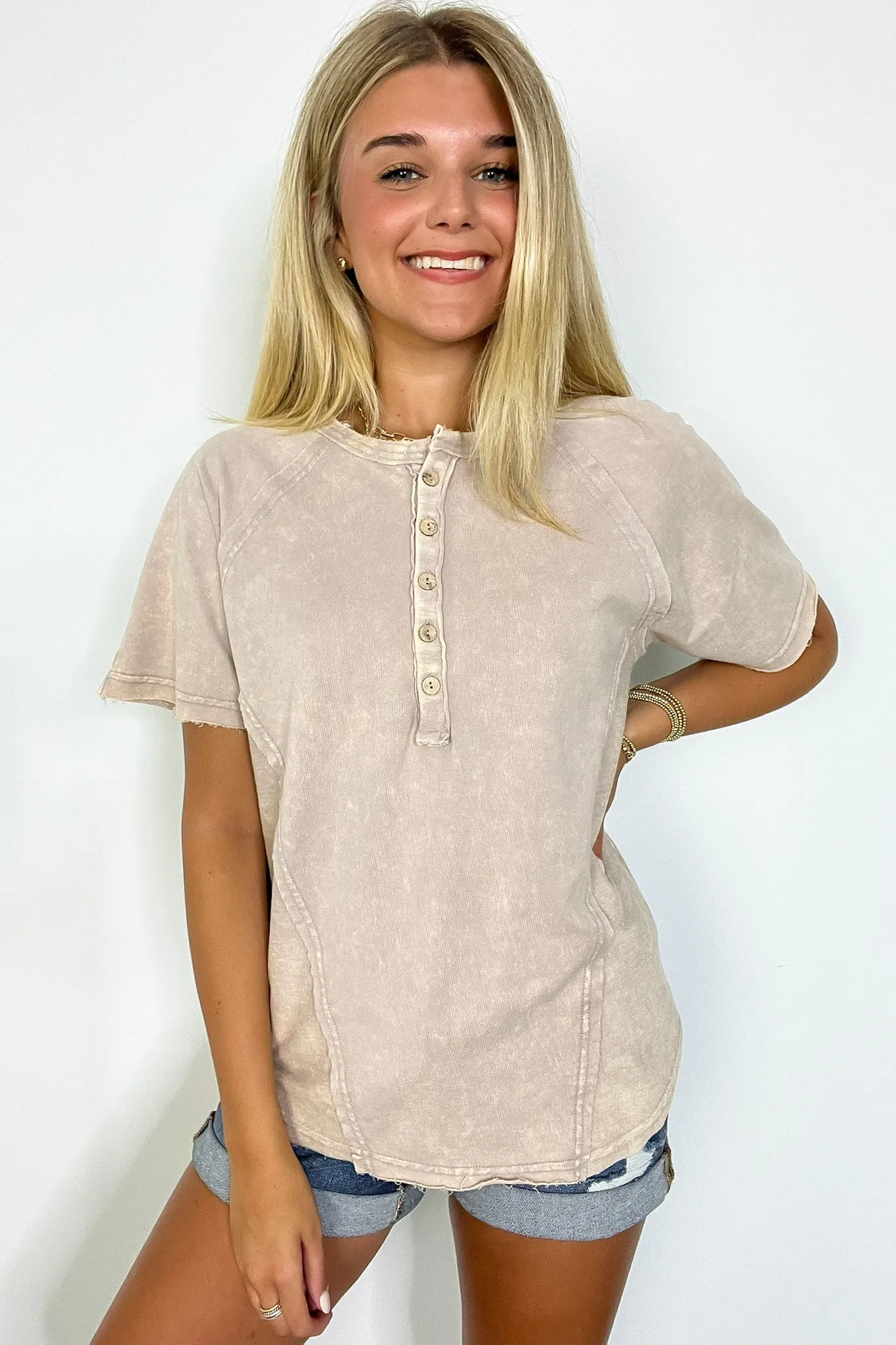 Caleb Acid Wash Raglan Button Henley Top - BACK IN STOCK