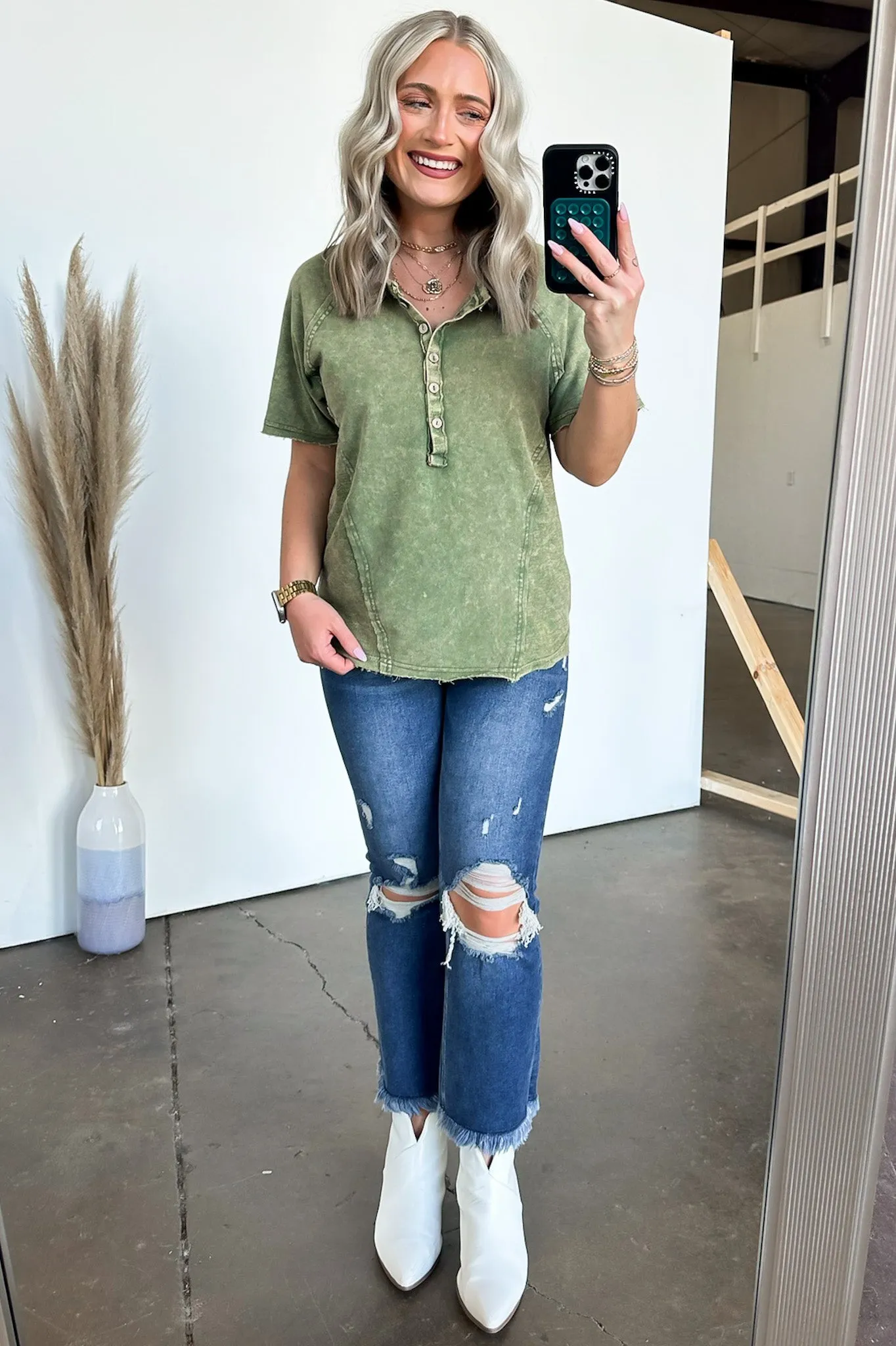 Caleb Acid Wash Raglan Button Henley Top - BACK IN STOCK