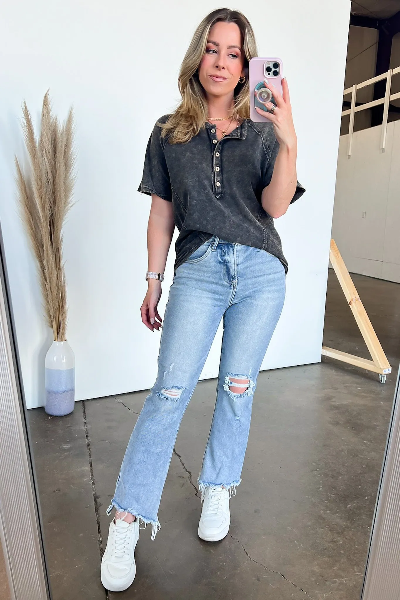 Caleb Acid Wash Raglan Button Henley Top - BACK IN STOCK