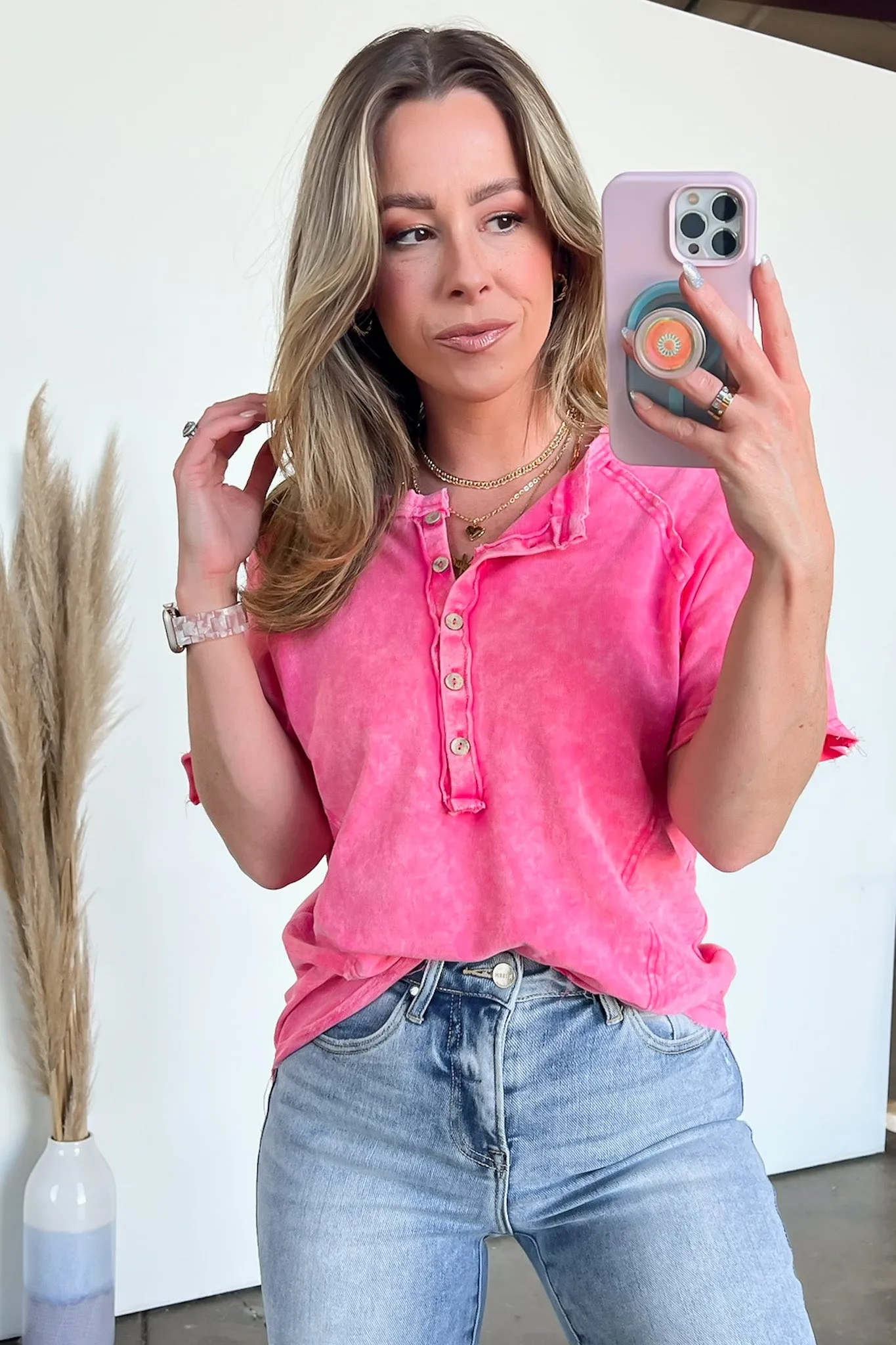 Caleb Acid Wash Raglan Button Henley Top - BACK IN STOCK