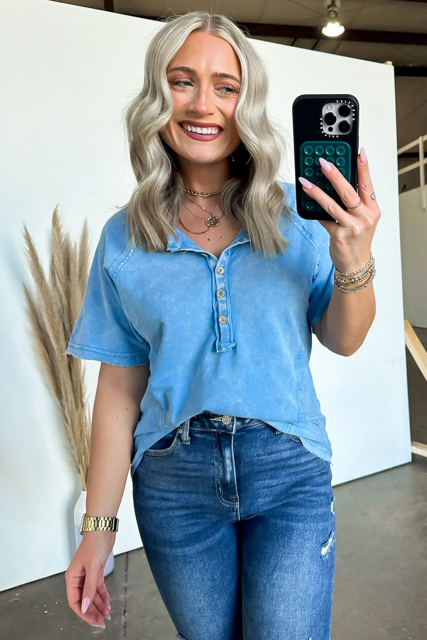 Caleb Acid Wash Raglan Button Henley Top - BACK IN STOCK