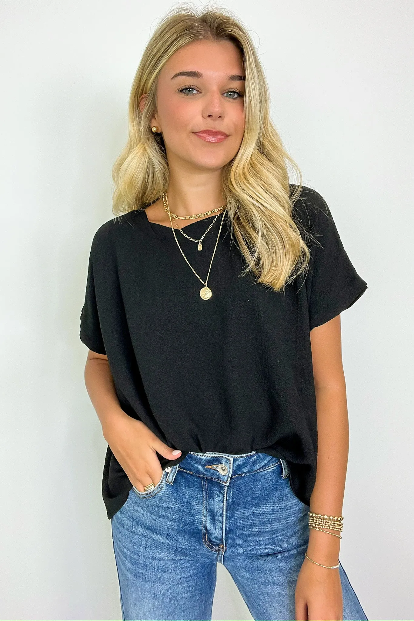 Calise Woven Round Neck Flowy Top - BACK IN STOCK