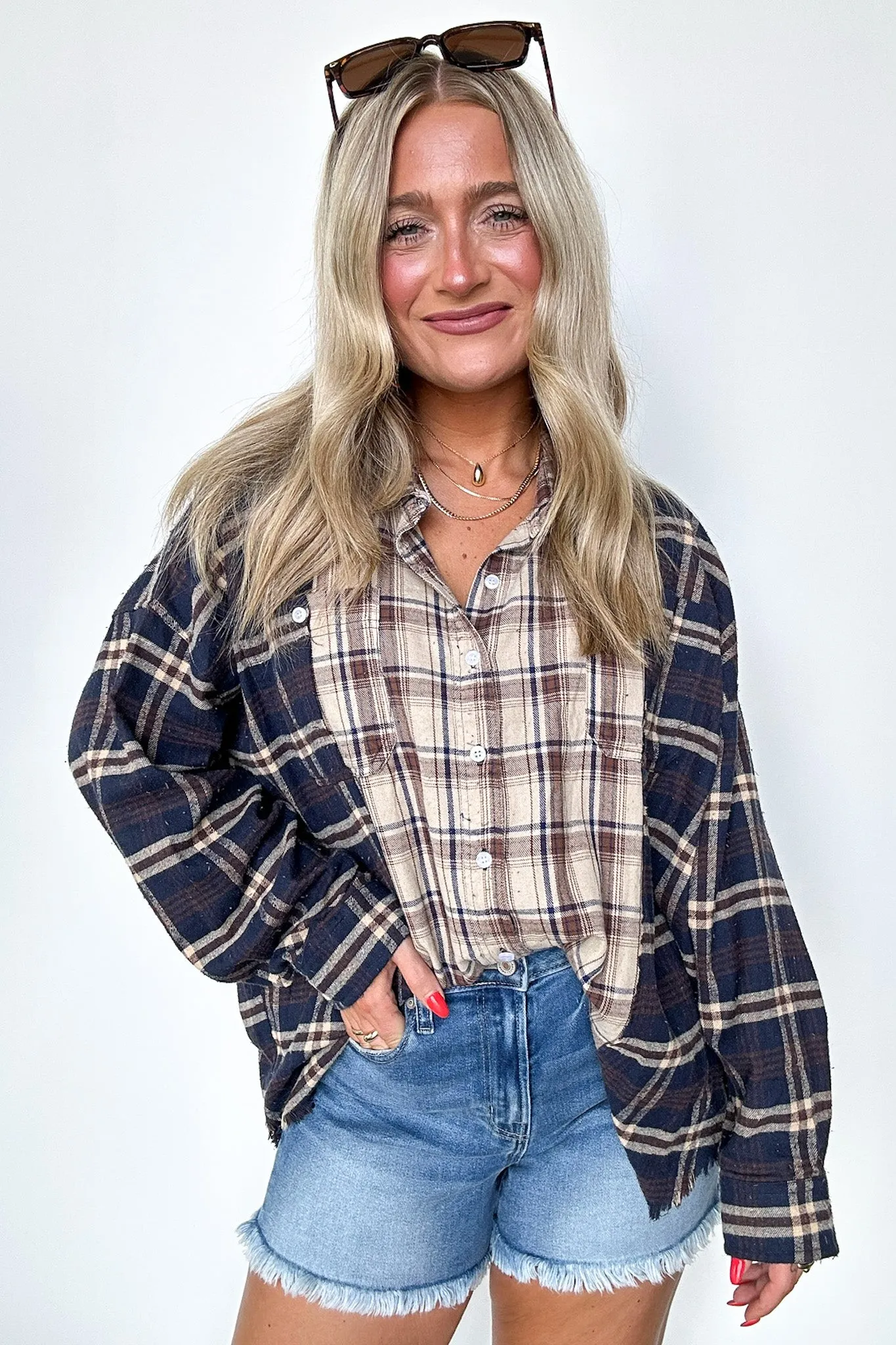 Casual Composure Color Block Plaid Raw Hem Button Down Top - FINAL SALE