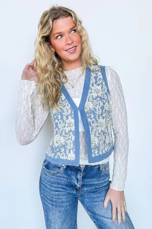 Casual Textures Denim and Lace Vest