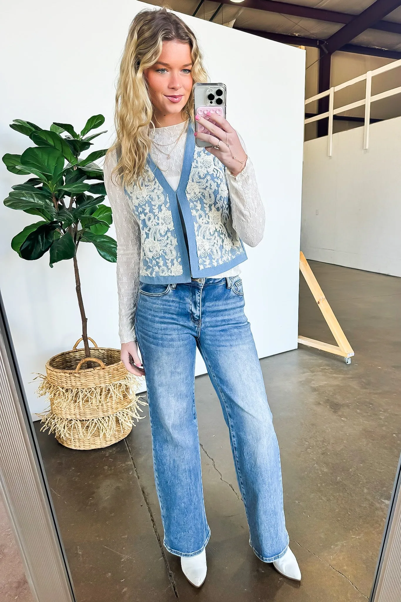 Casual Textures Denim and Lace Vest