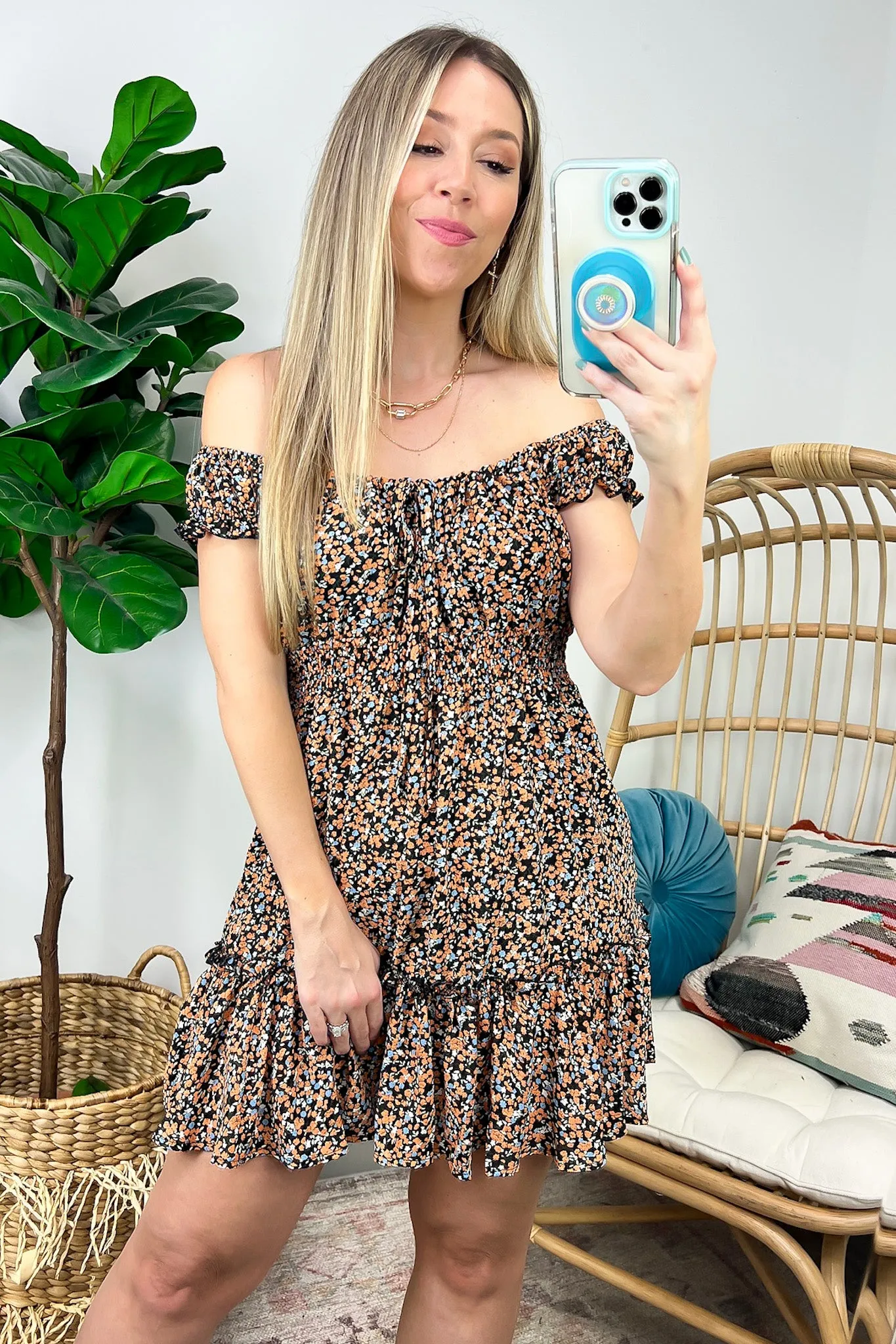 Charming Composure Cap Sleeve Floral Smocked Dress