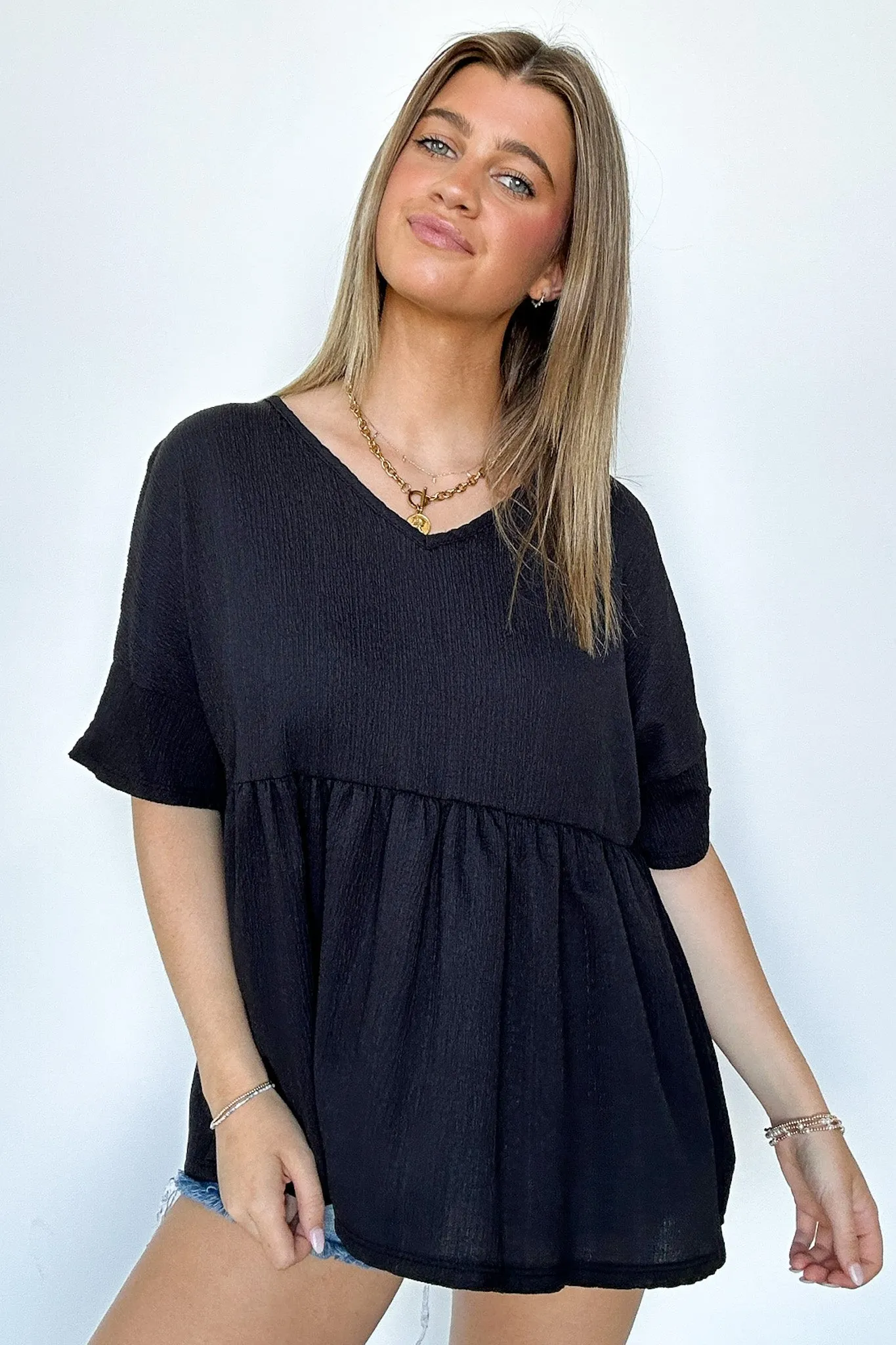 Chic Bliss Crinkle Gauze Babydoll Peplum Top - FINAL SALE