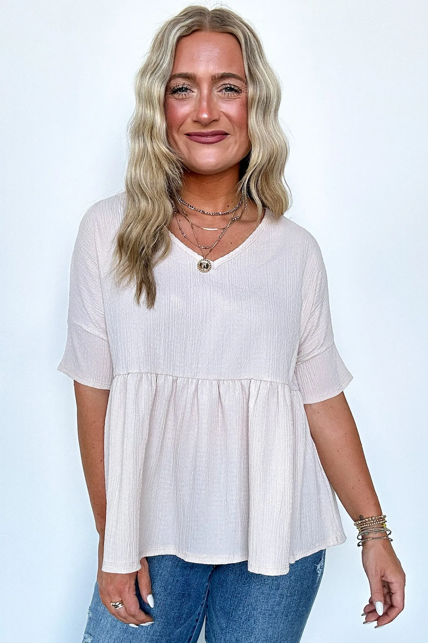 Chic Bliss Crinkle Gauze Babydoll Peplum Top - FINAL SALE