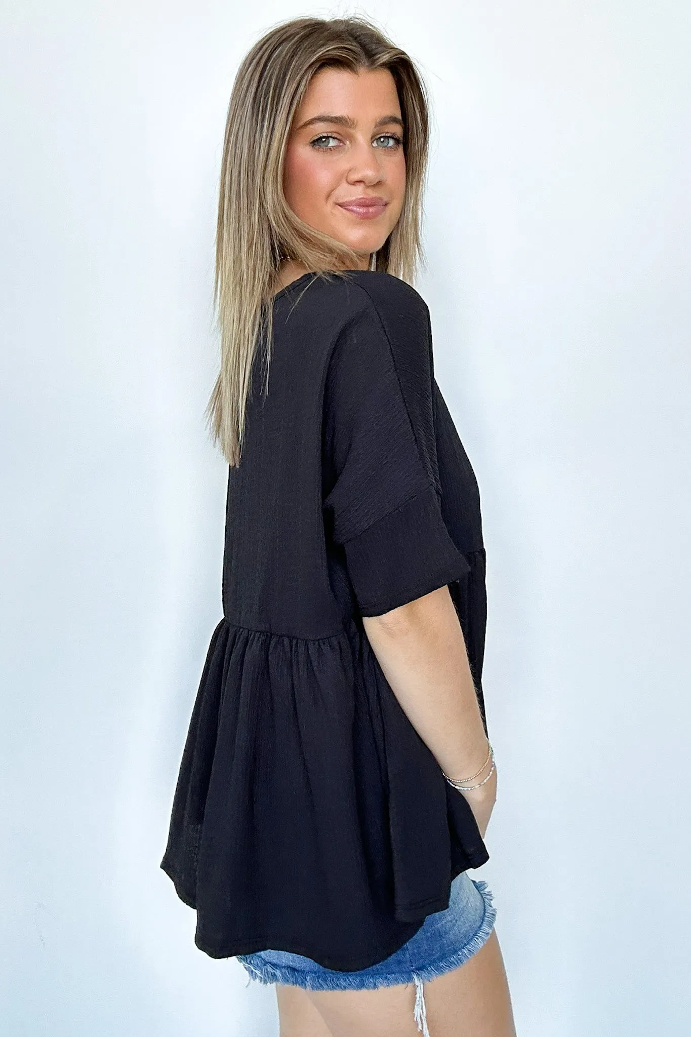 Chic Bliss Crinkle Gauze Babydoll Peplum Top - FINAL SALE