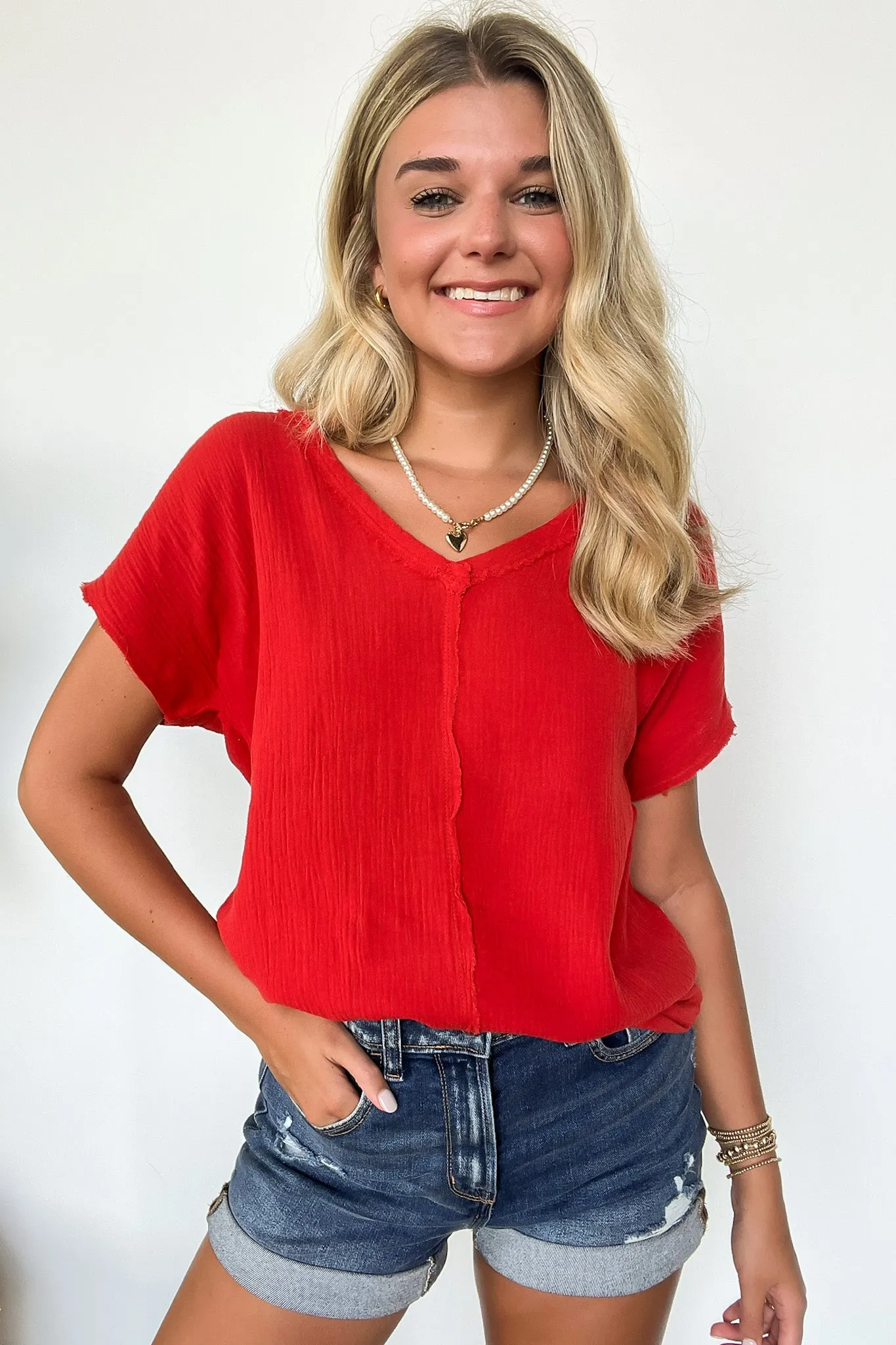Coastal Comfort V-Neck Raw Edge Top - FINAL SALE