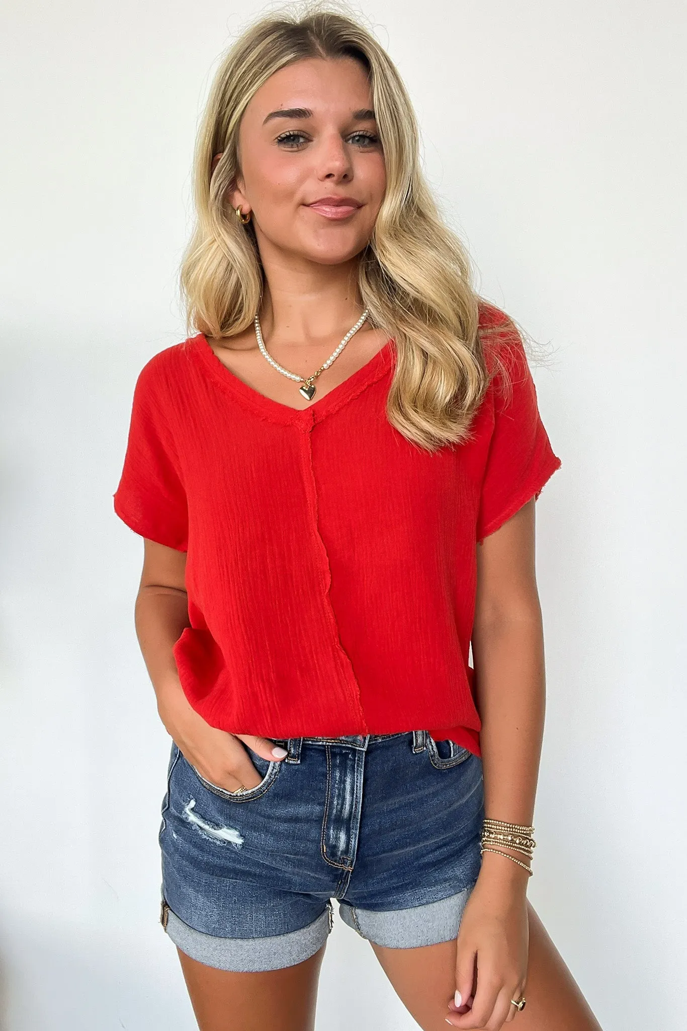 Coastal Comfort V-Neck Raw Edge Top - FINAL SALE
