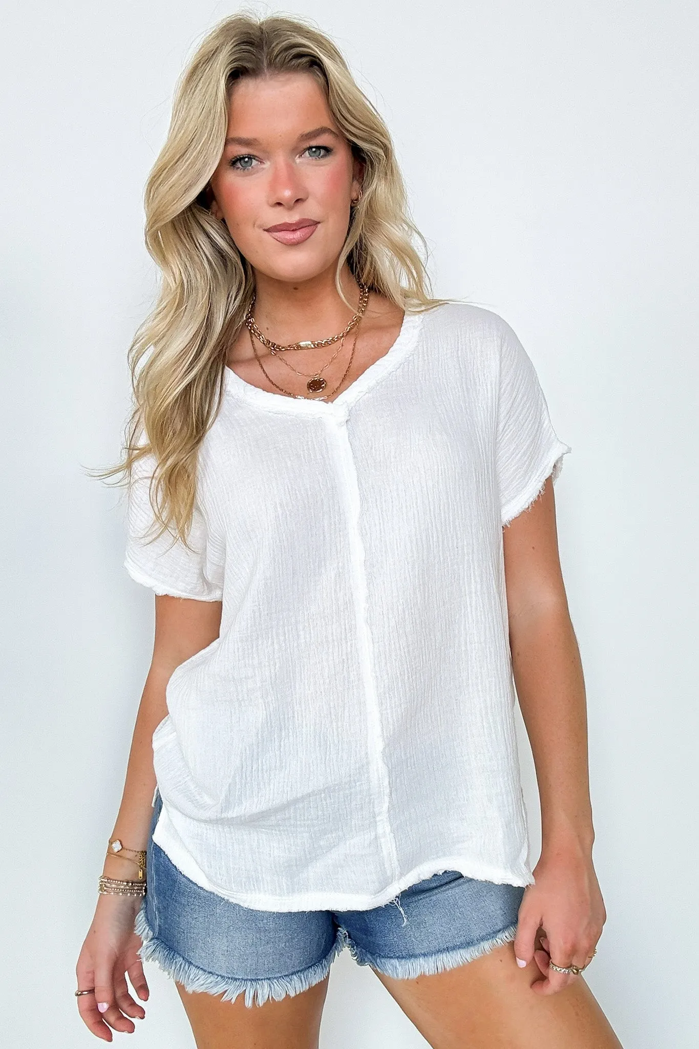 Coastal Comfort V-Neck Raw Edge Top - FINAL SALE