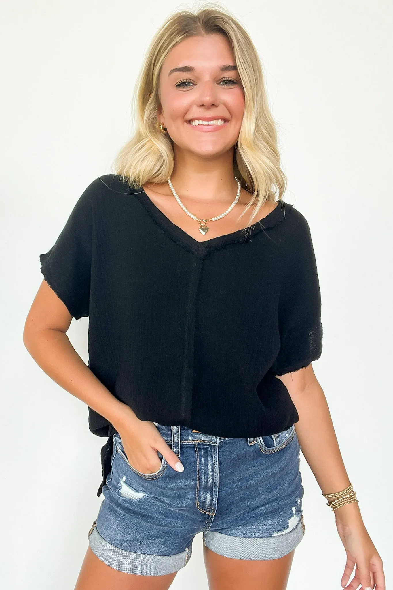 Coastal Comfort V-Neck Raw Edge Top - FINAL SALE