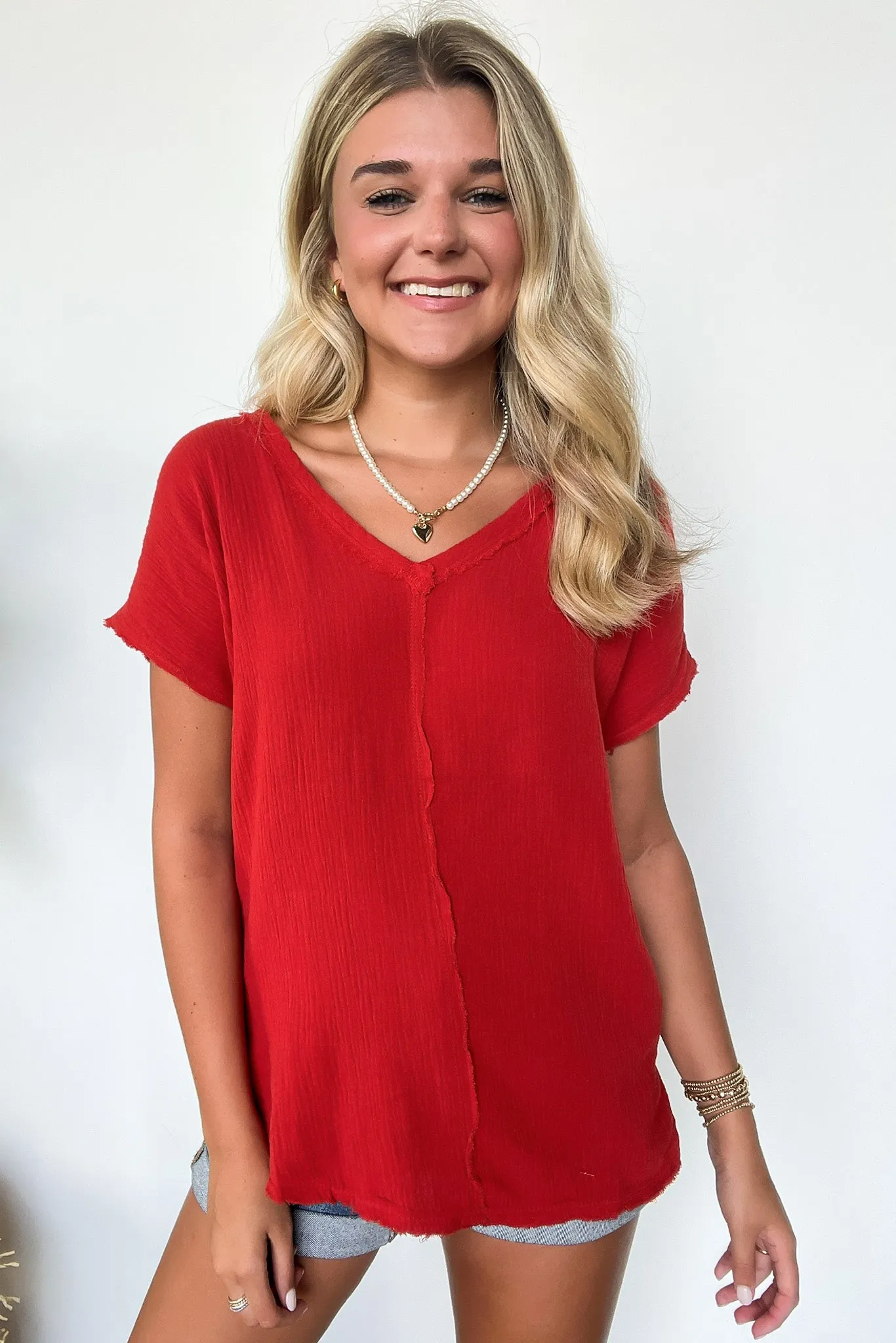 Coastal Comfort V-Neck Raw Edge Top - FINAL SALE
