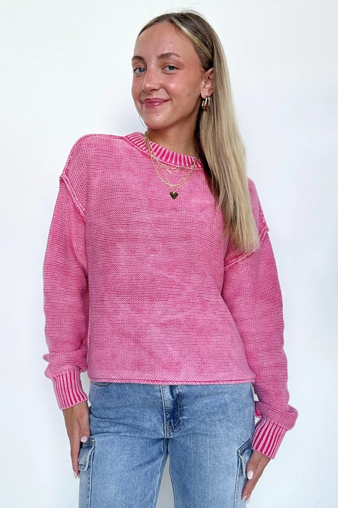 Cool Nights Acid Wash Exposed Seam Sweater - FINAL SALE