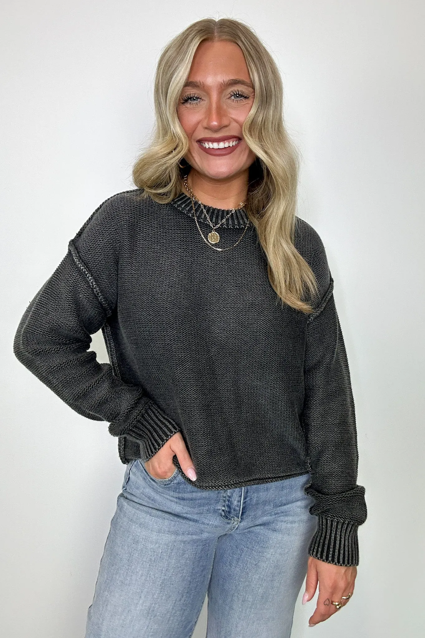 Cool Nights Acid Wash Exposed Seam Sweater - FINAL SALE