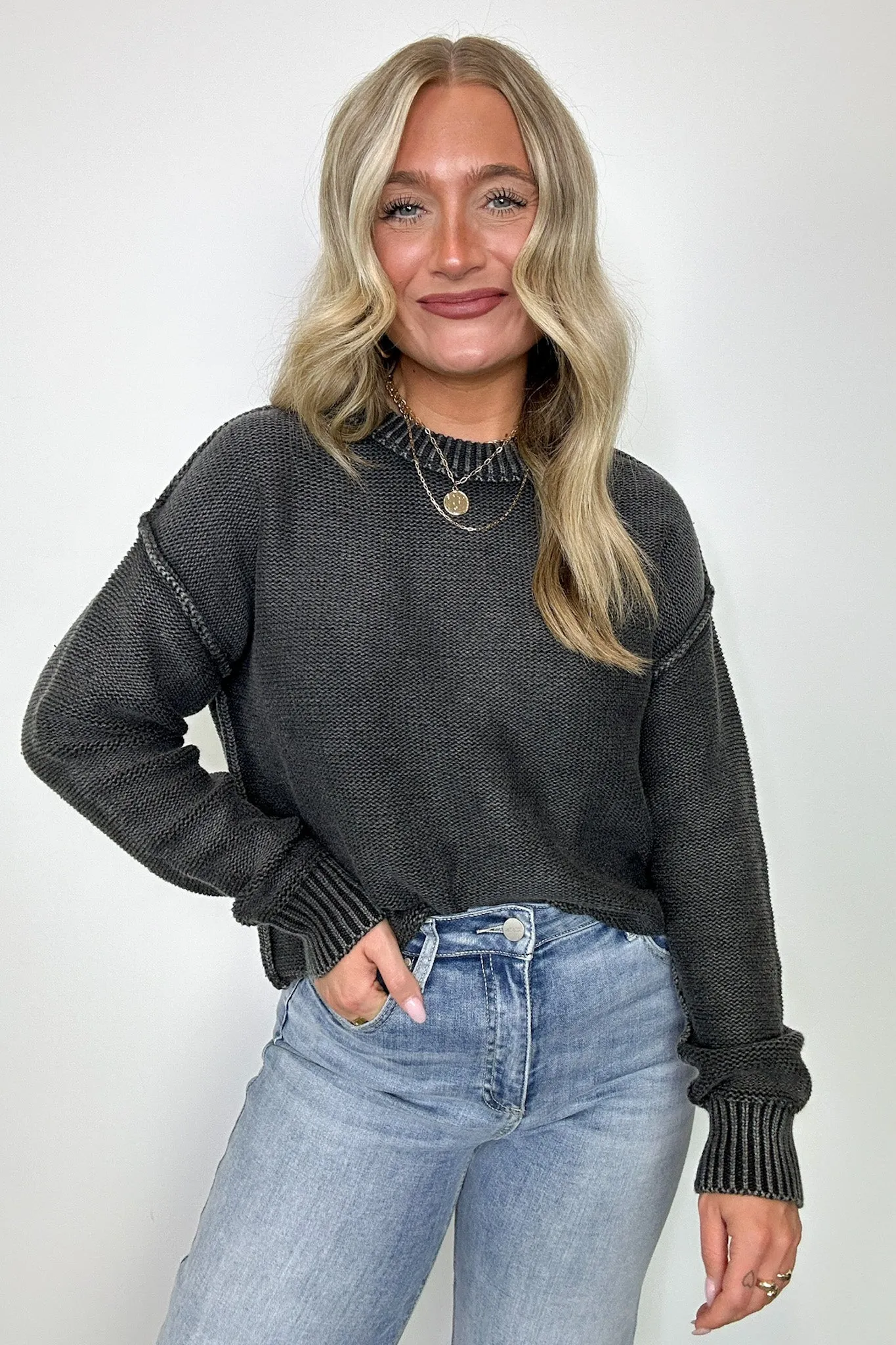 Cool Nights Acid Wash Exposed Seam Sweater - FINAL SALE