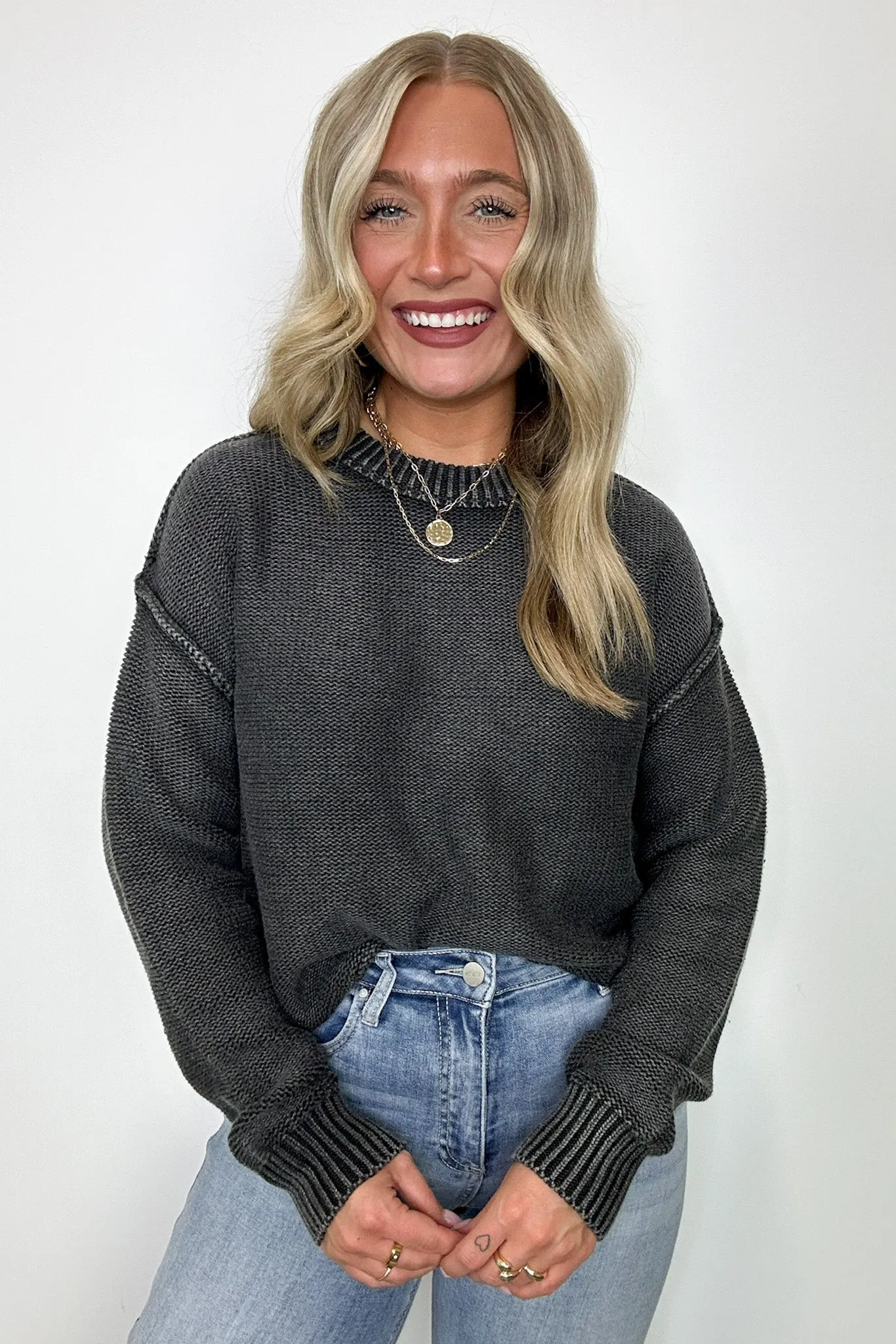 Cool Nights Acid Wash Exposed Seam Sweater - FINAL SALE