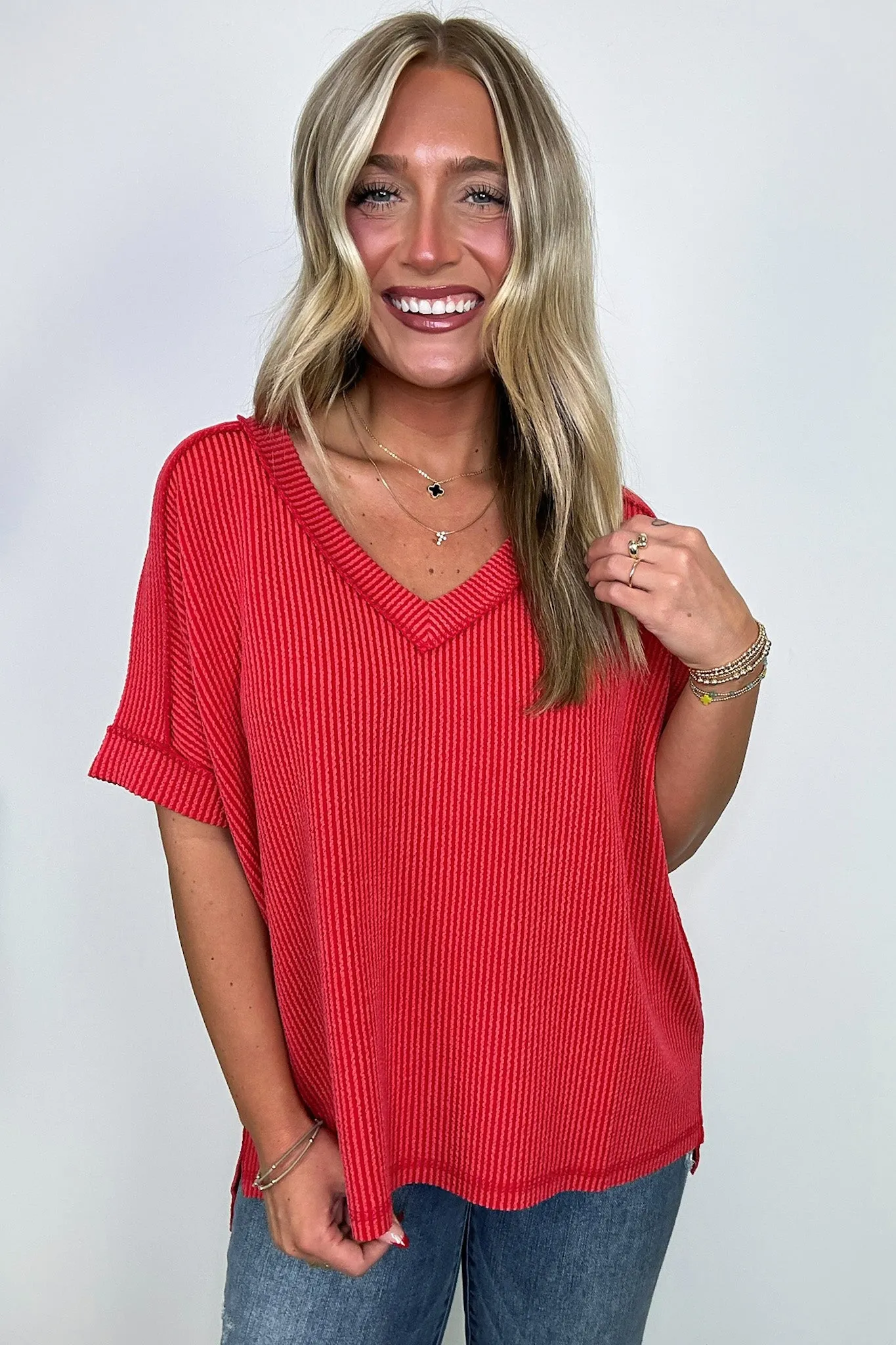 Cora Rib Knit High Low V-Neck Top - BACK IN STOCK
