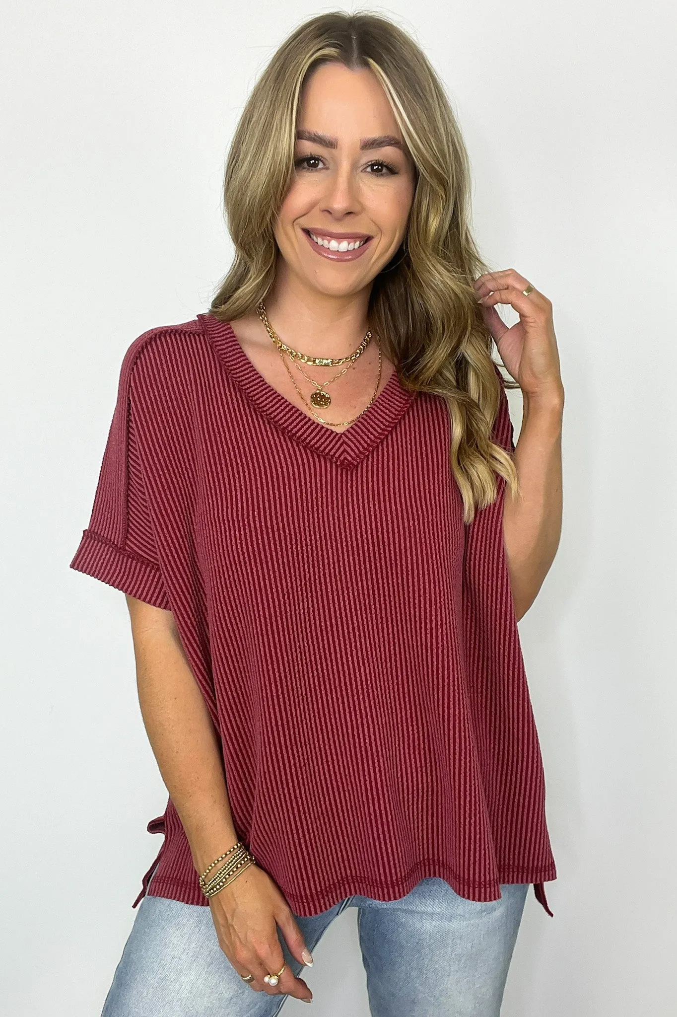 Cora Rib Knit High Low V-Neck Top - BACK IN STOCK