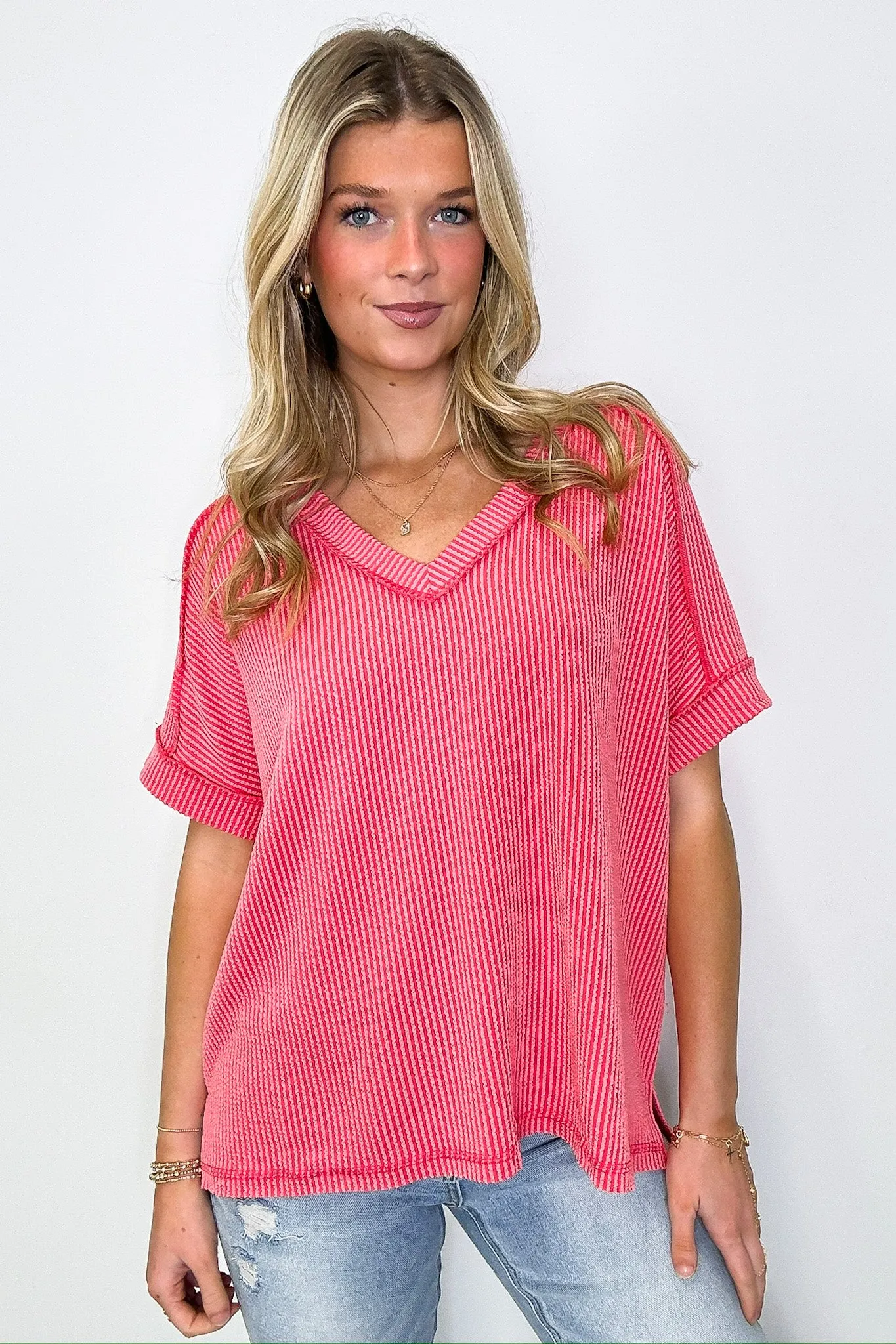 Cora Rib Knit High Low V-Neck Top - BACK IN STOCK