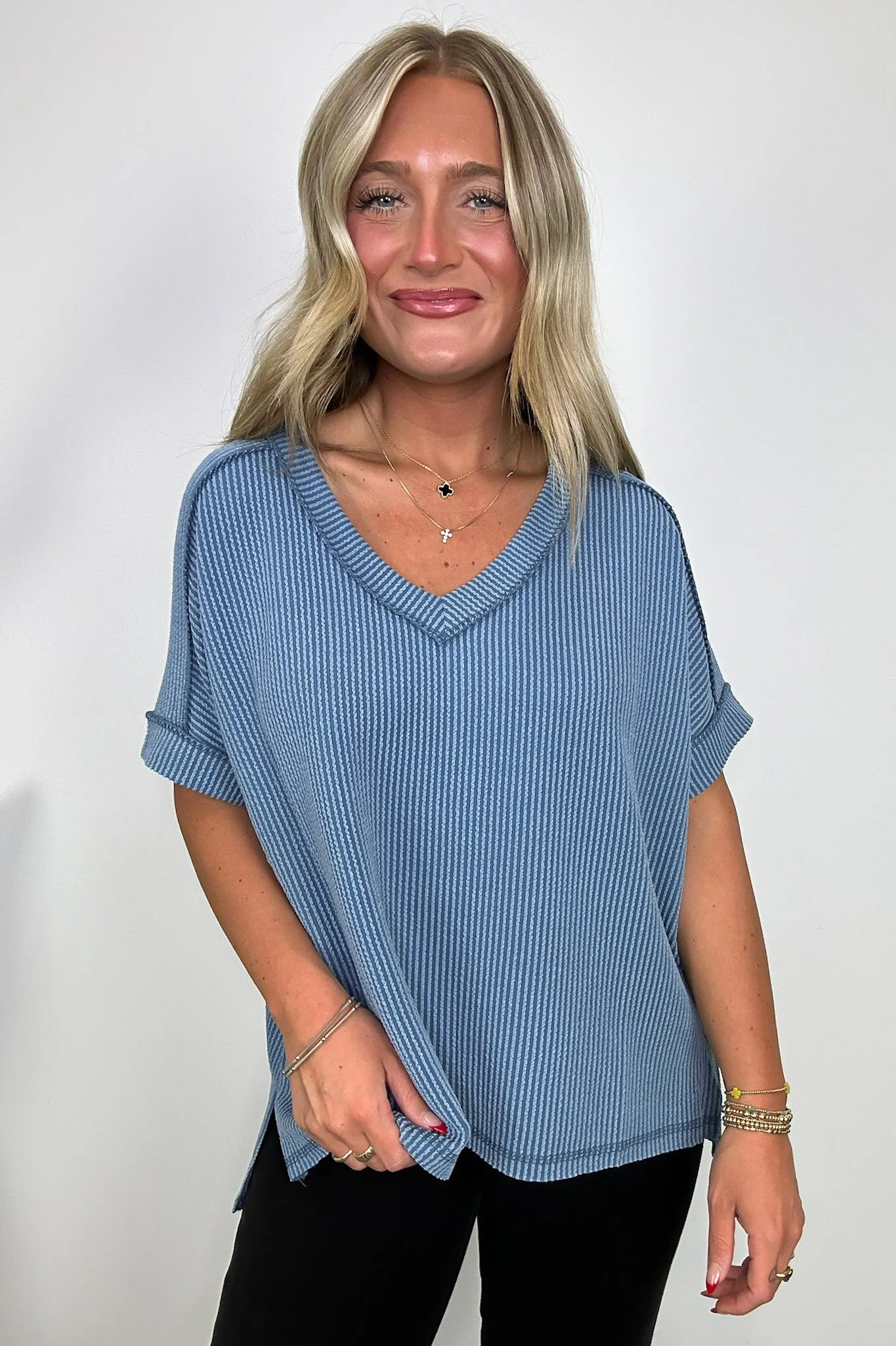 Cora Rib Knit High Low V-Neck Top - BACK IN STOCK